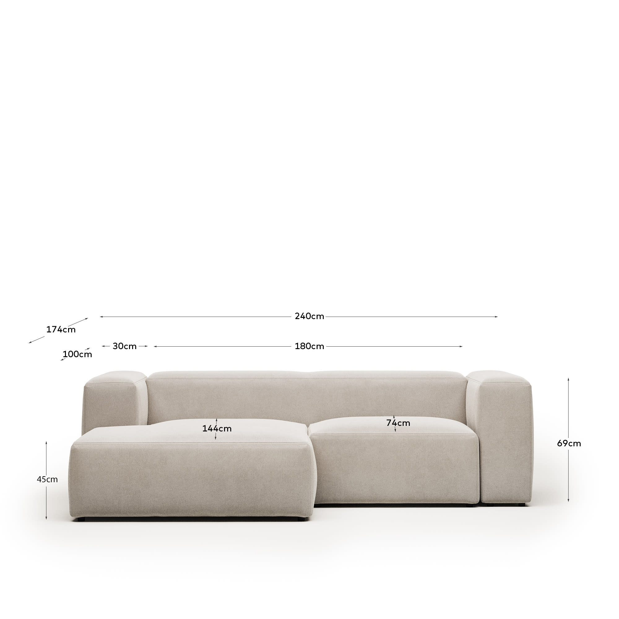 Beige 2-Sitzer-Sofa Blok mit linksseitiger Chaiselongue, 240 cm von Kave Home. Hochwertige Chenille, stilvolles Design und umweltfreundliche Materialien für Ihr Zuhause.