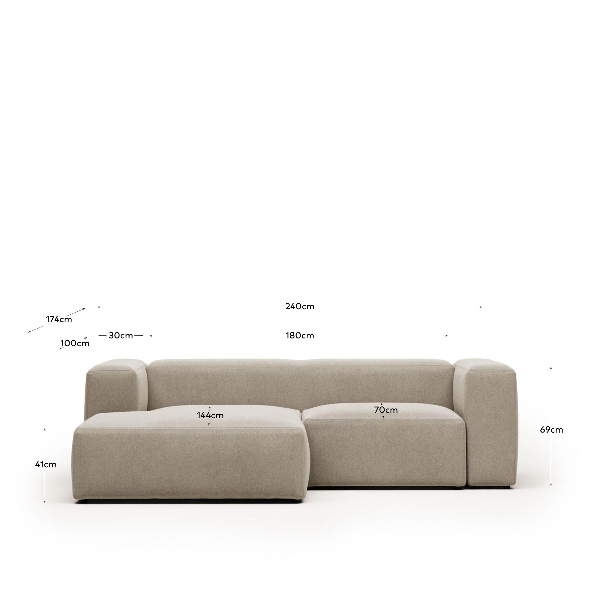 2-Sitzer-Sofa Blok mit Chaiselongue links, schwer entflammbar mit beiger Chenille, 240 cm in Beige präsentiert im Onlineshop von KAQTU Design AG. 2er Sofa ist von Kave Home