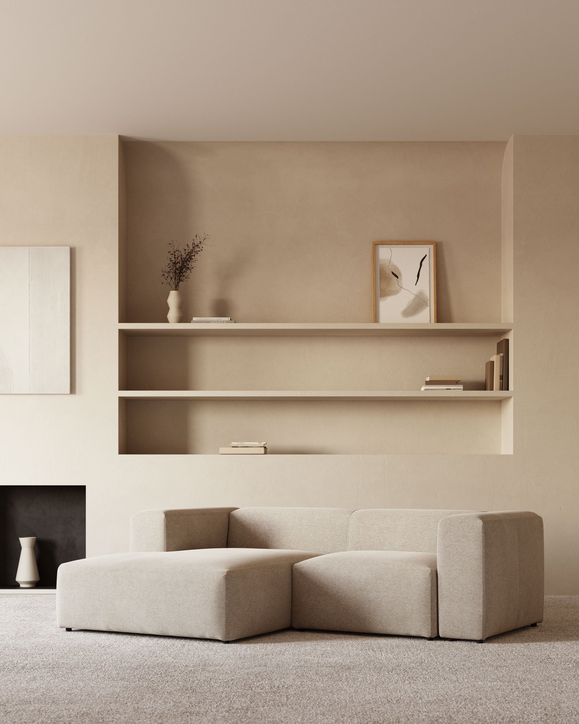 2-Sitzer-Sofa Blok mit Chaiselongue links, schwer entflammbar mit beiger Chenille, 240 cm in Beige präsentiert im Onlineshop von KAQTU Design AG. 2er Sofa ist von Kave Home