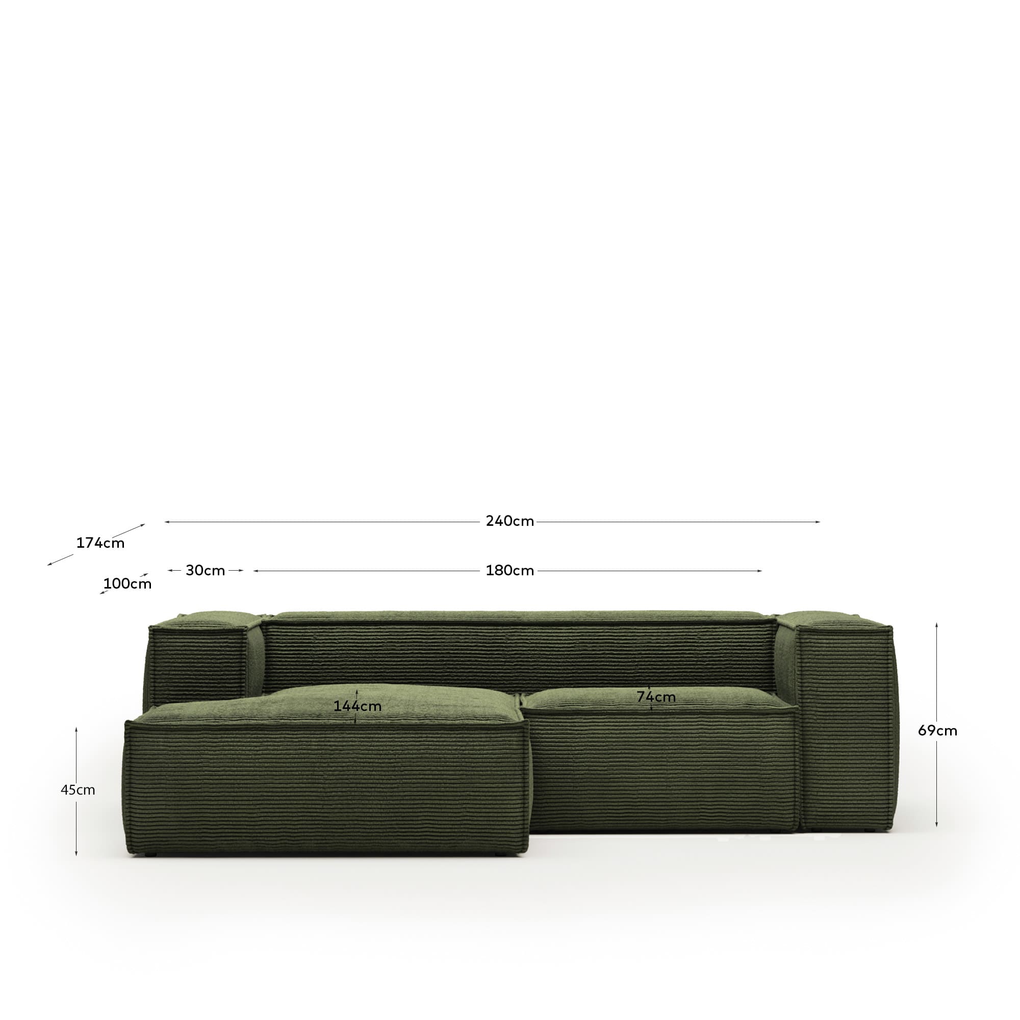 Stylisches 2-Sitzer-Sofa mit Chaiselongue links, grünem Cord und 240 cm Breite. Ideal für gemütliche Stunden und nachhaltige Einrichtung.