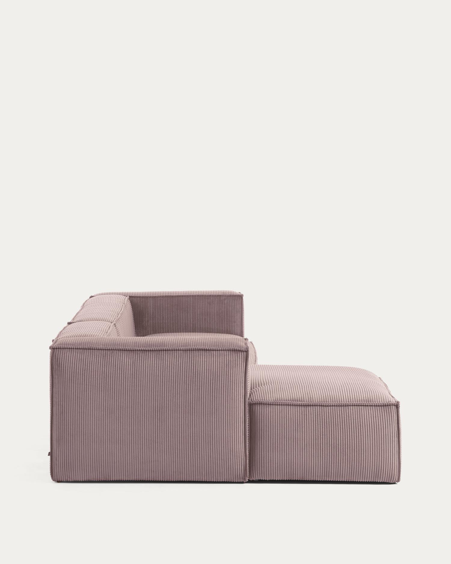 Elegantes 2-Sitzer-Sofa in Rosa mit Chaiselongue links, aus langlebigem Cord. Perfekt für kleine Räume, vereint Komfort und modernes Design.