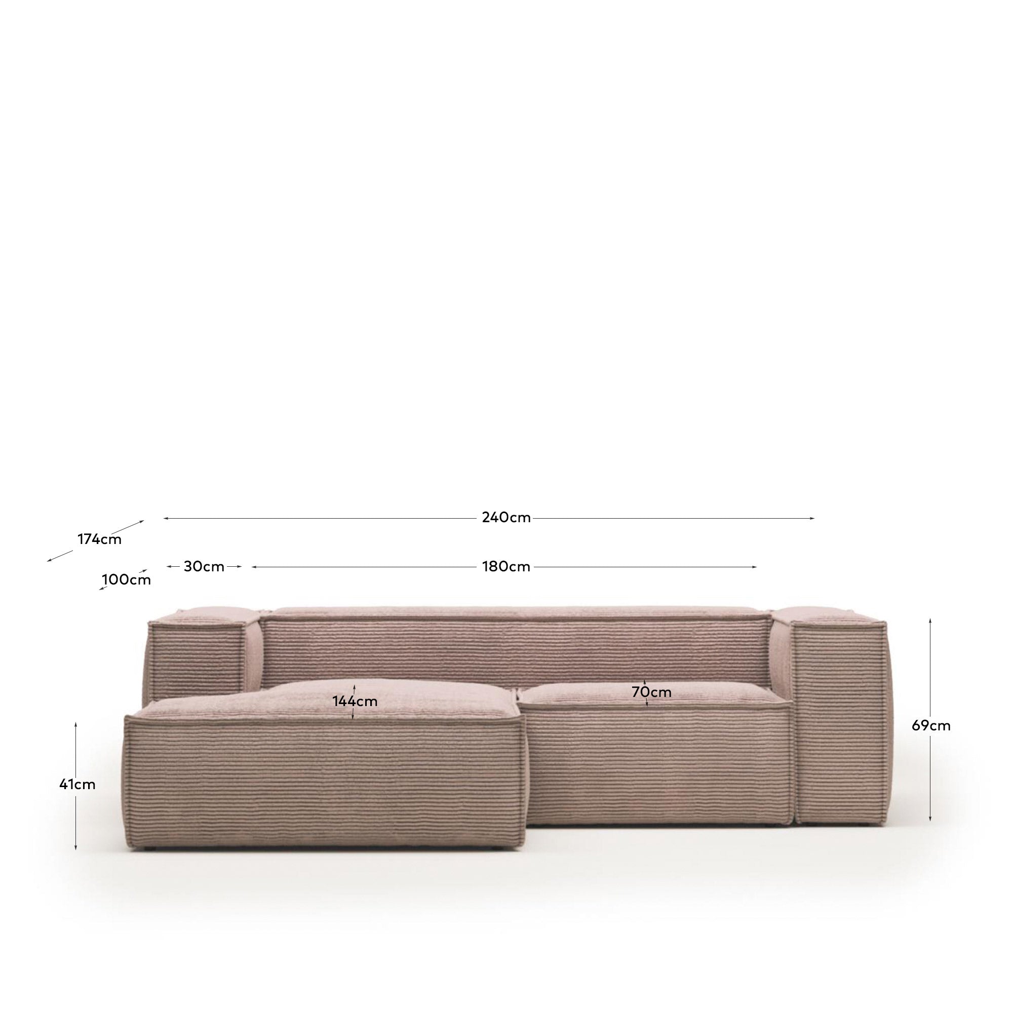 Stylisches 2-Sitzer-Sofa mit linker Chaiselongue in robustem rosa Cord, 240 cm, perfekt für gemütliche Stunden und moderne Wohnräume.