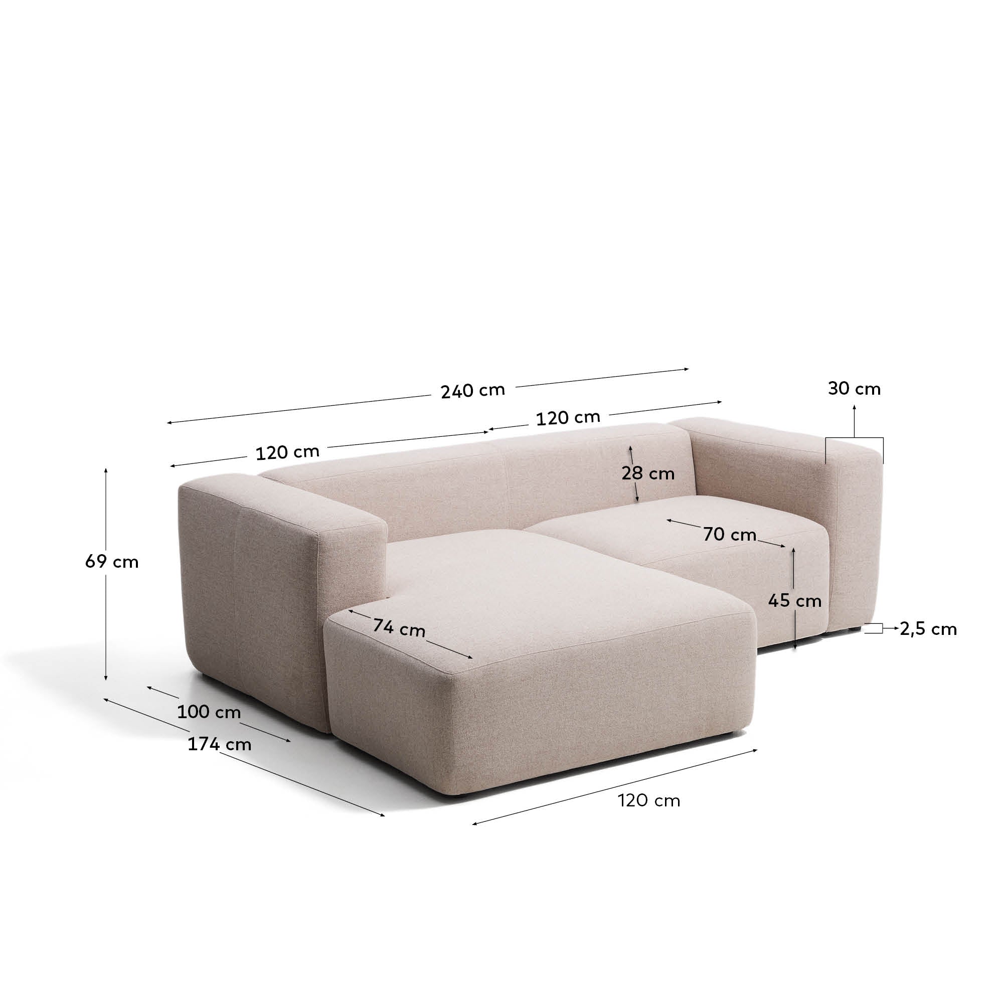 2-Sitzer-Sofa Blok mit Chaiselongue links in beiger Chenille, 240 cm, FSC Mix Credit in Beige präsentiert im Onlineshop von KAQTU Design AG. L-Sofa links ist von Kave Home
