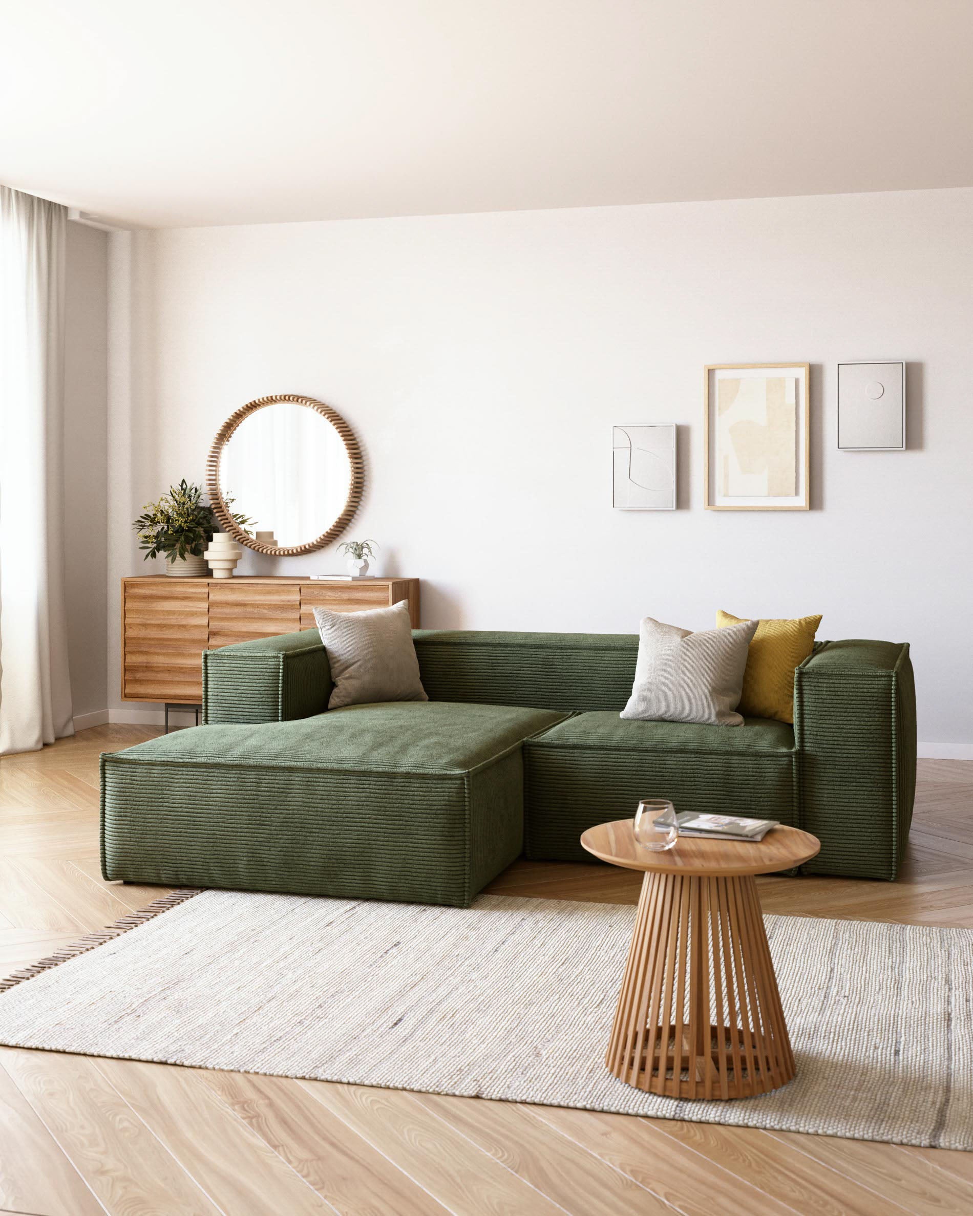 2-Sitzer-Sofa Blok mit Chaiselongue links, schwer entflammbar mit dickem, grünen Cord, 240 cm, FSC Mix Credit in Grün präsentiert im Onlineshop von KAQTU Design AG. 2er Sofa ist von Kave Home