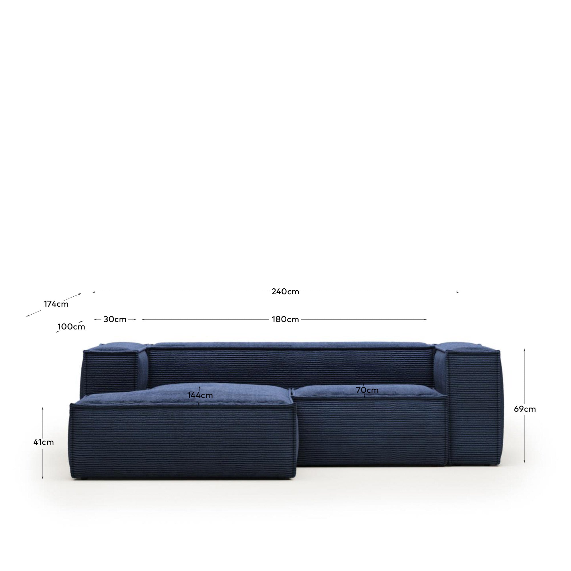 2-Sitzer-Sofa Blok mit Chaiselongue links, schwer entflammbar mit dickem, blauem Cord, 240 cm, FSC Mix Credit in Blau präsentiert im Onlineshop von KAQTU Design AG. 2er Sofa ist von Kave Home