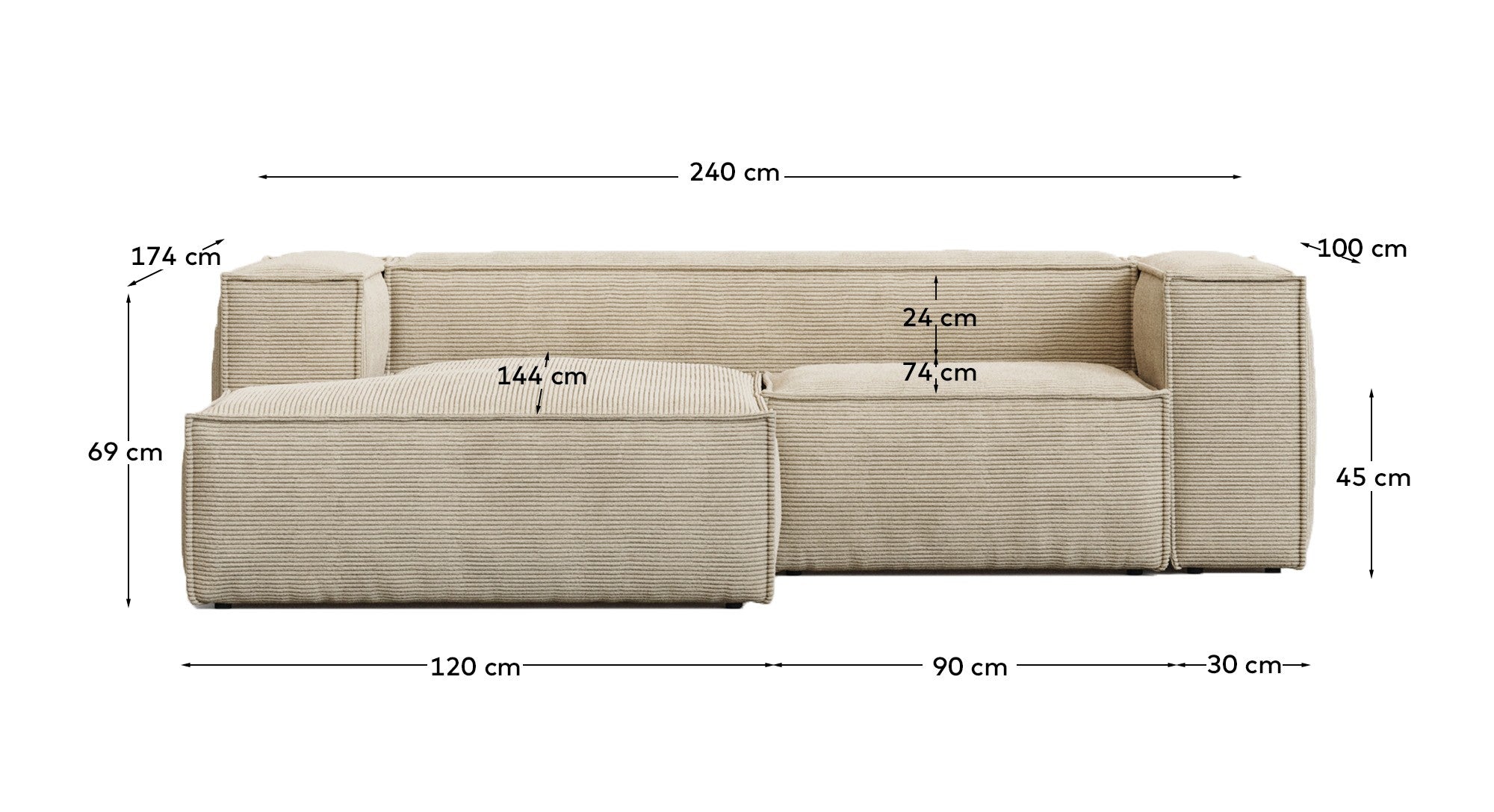 2-Sitzer-Sofa Blok schwer entflammbar mit Chaiselongue links und dickem Cord in Ecru 240 cm FSC Mix Credit in Ecru präsentiert im Onlineshop von KAQTU Design AG. L-Sofa links ist von Kave Home