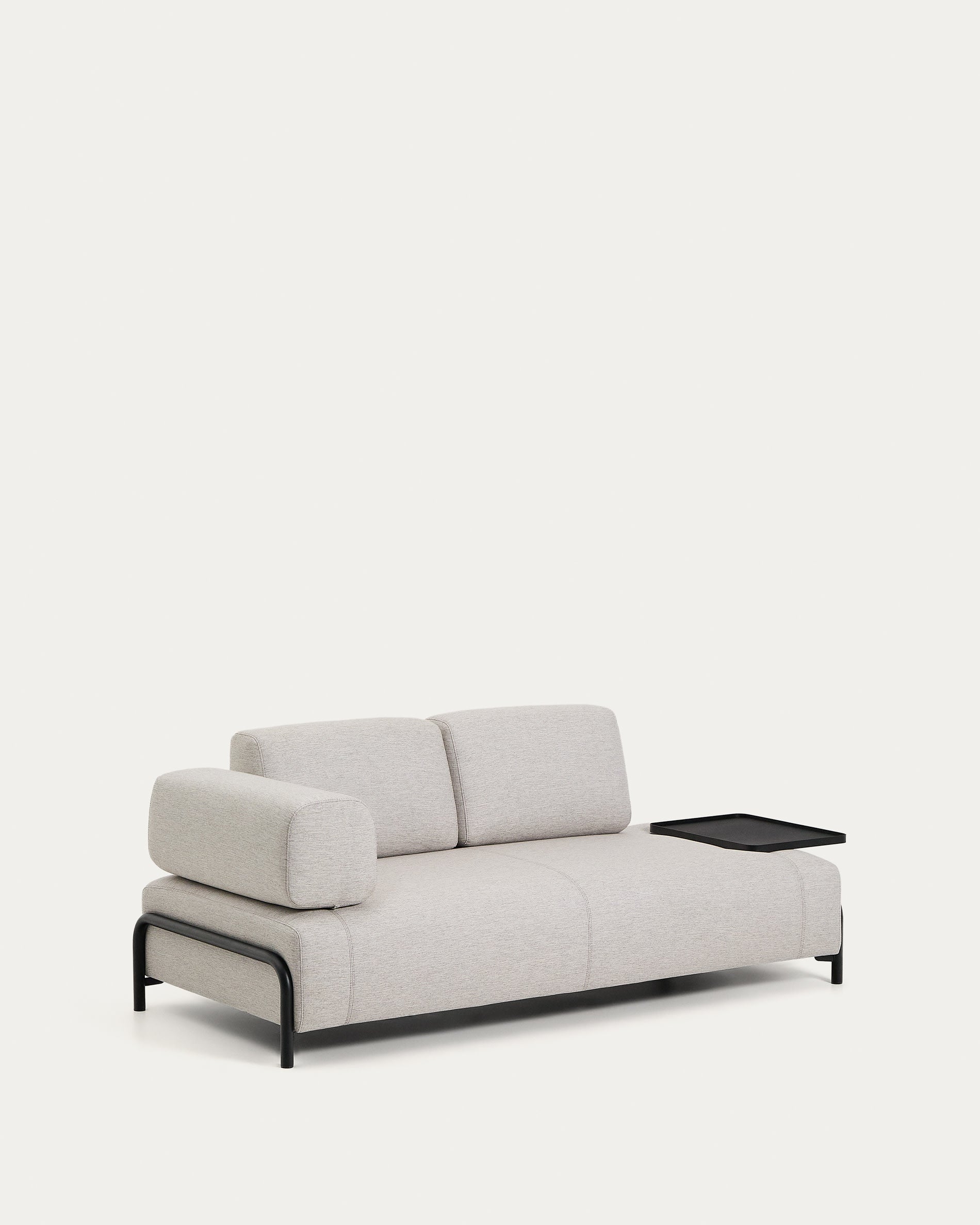 Entdecken Sie das stilvolle 2-Sitzer-Sofa Compo in Graubeige mit praktischem Tablett und robustem Metallgestell – ideal für modernes Wohnen!