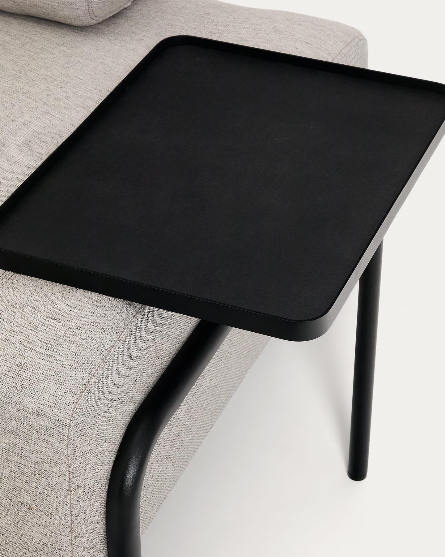 Erleben Sie das elegante 2-Sitzer-Sofa Compo in Graubeige mit großem Tablett und stabilem Metallgestell – perfekt für Ihr Zuhause!