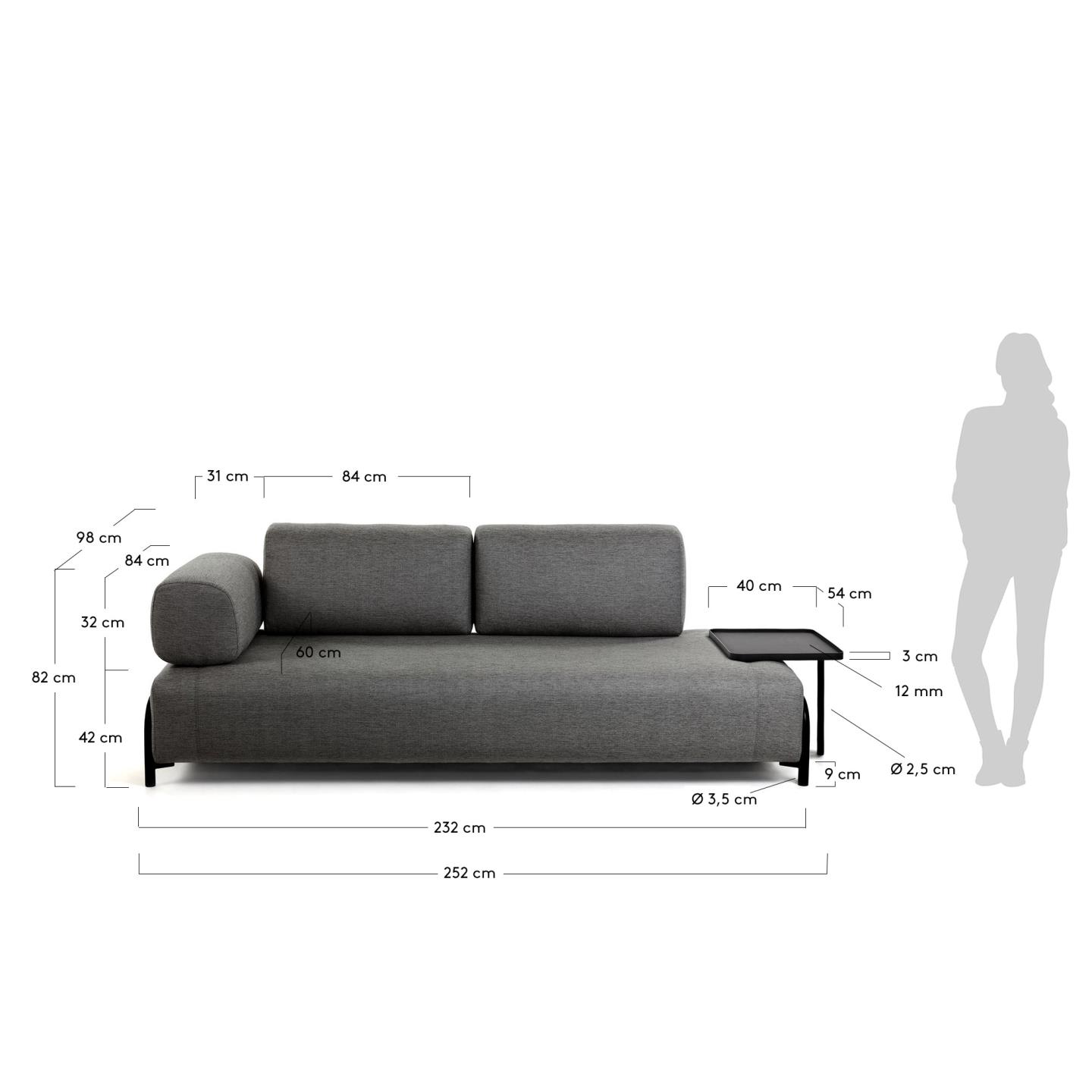 Elegantes 3-Sitzer Sofa in Dunkelgrau von Kave Home, 252 cm breit, mit integriertem Tablett für optimalen Komfort und stilvolle Akzente im Wohnzimmer.