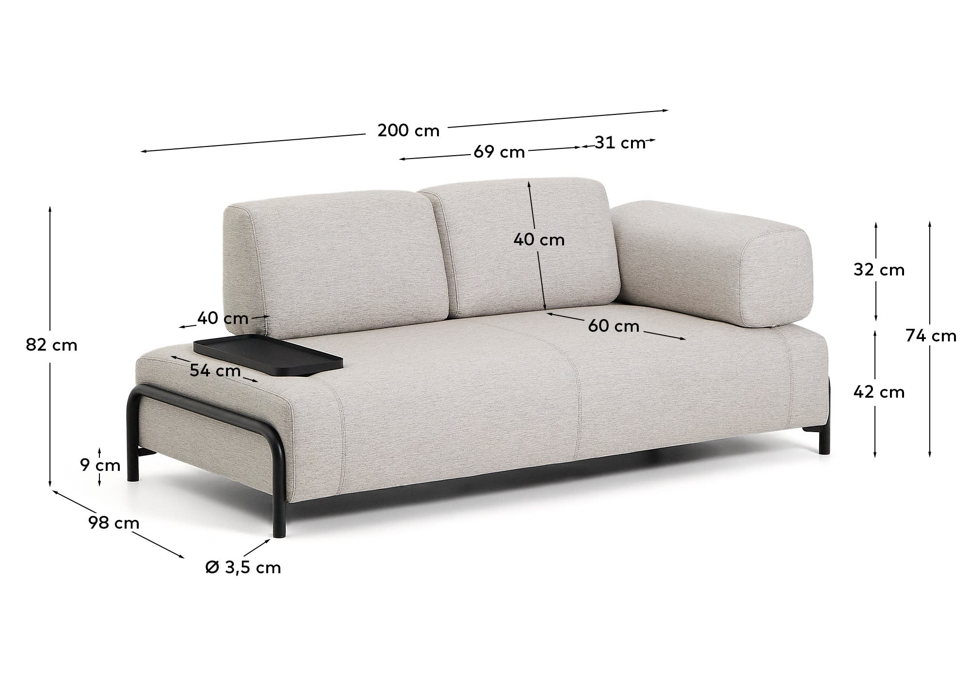 Entdecken Sie das stilvolle 2-Sitzer-Sofa Compo in Graubeige, das mit einem praktischen Tablett und einem stabilen Metallgestell überzeugt – ideal für Ihr Zuhause!