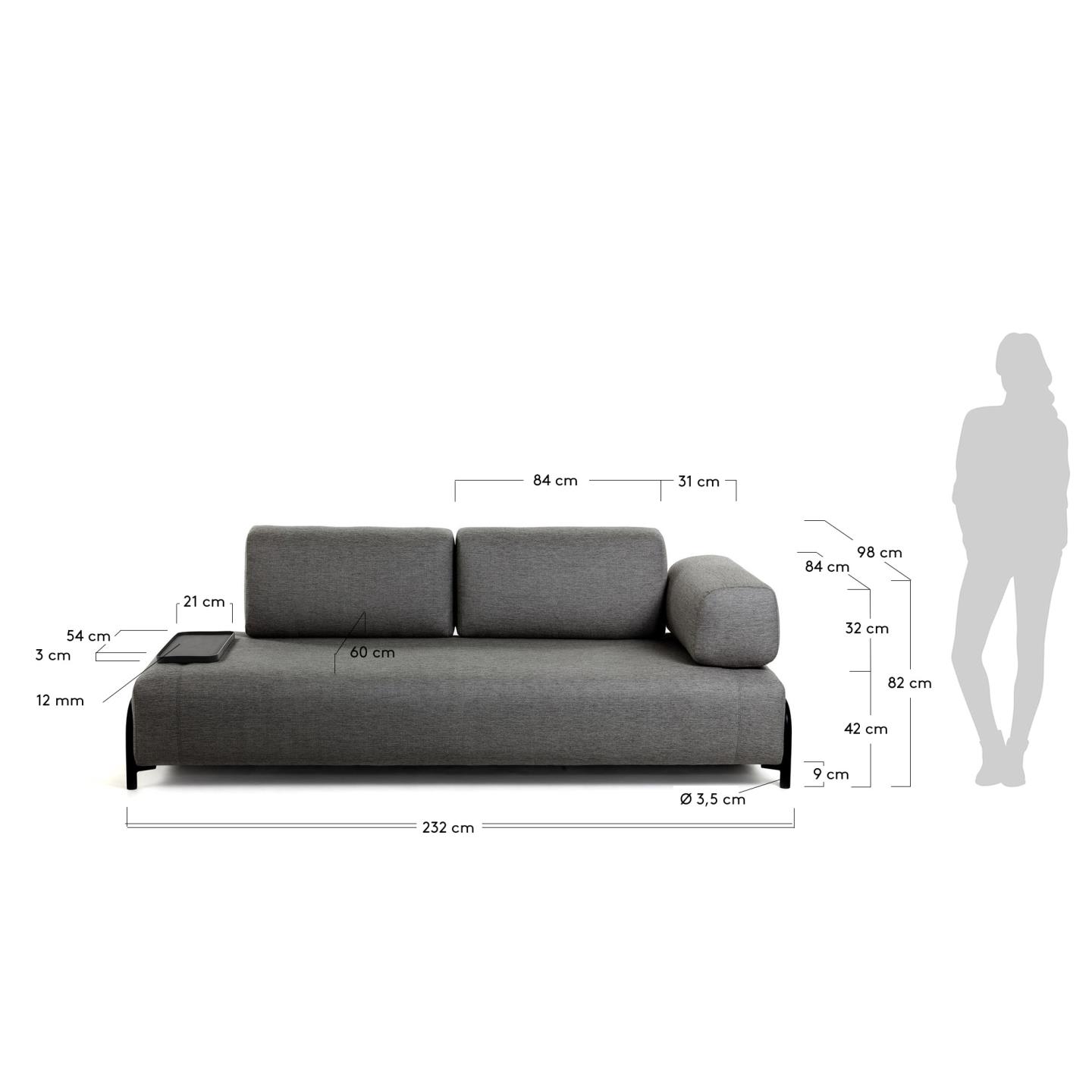 Elegantes 3-Sitzer Sofa in Dunkelgrau, 232 cm, mit integriertem Tablett. Ideal für entspannte Abende und modernes Wohndesign.