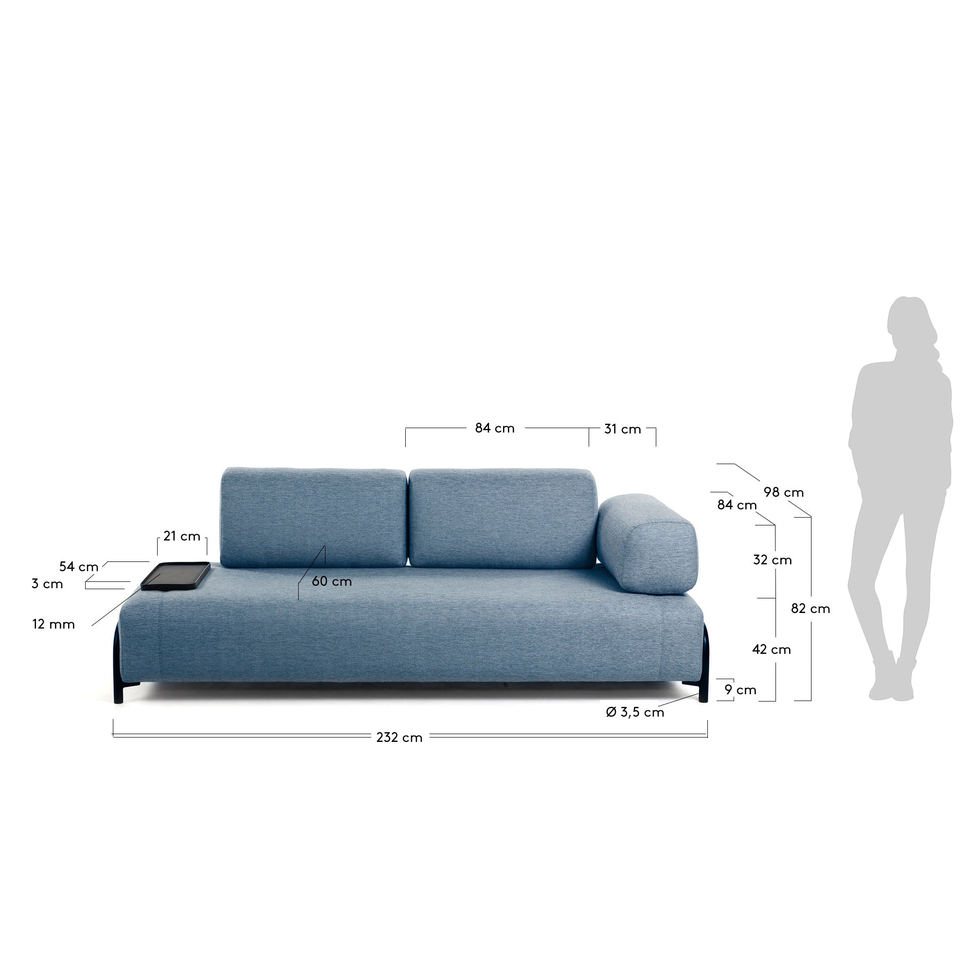 Entdecken Sie das elegante Compo 3-Sitzer Sofa in Blau von Kave Home. Ideal für gesellige Abende, mit praktischem Tablett für zusätzlichen Komfort.