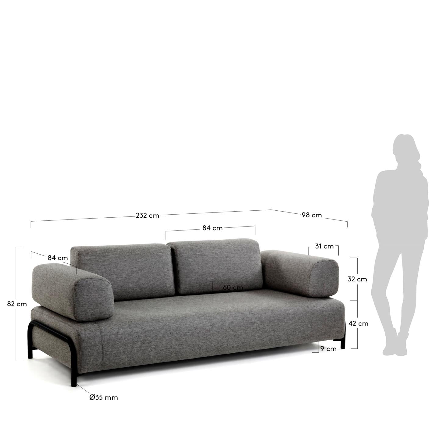 Das Compo 3-Sitzer Sofa in Dunkelgrau von Kave Home bietet großzügigen Platz und zeitloses Design, perfekt für stilvolle Wohnräume.