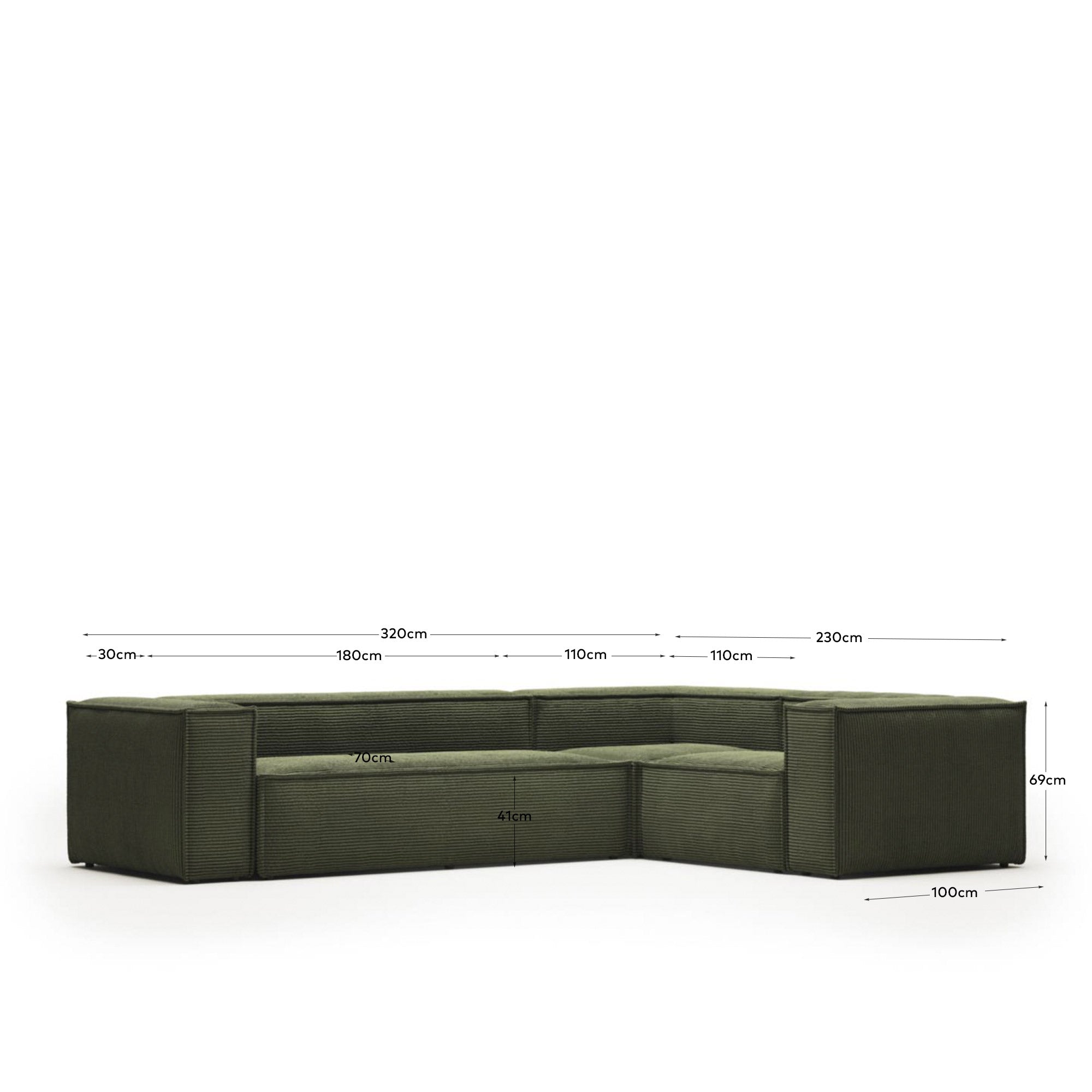 4-Sitzer-Ecksofa Blok, schwer entflammbar mit dickem, grünem Cord, 320 x 230 cm / 230 x 320 cm, FSC Mix Credit in Grün präsentiert im Onlineshop von KAQTU Design AG. Ecksofa ist von Kave Home