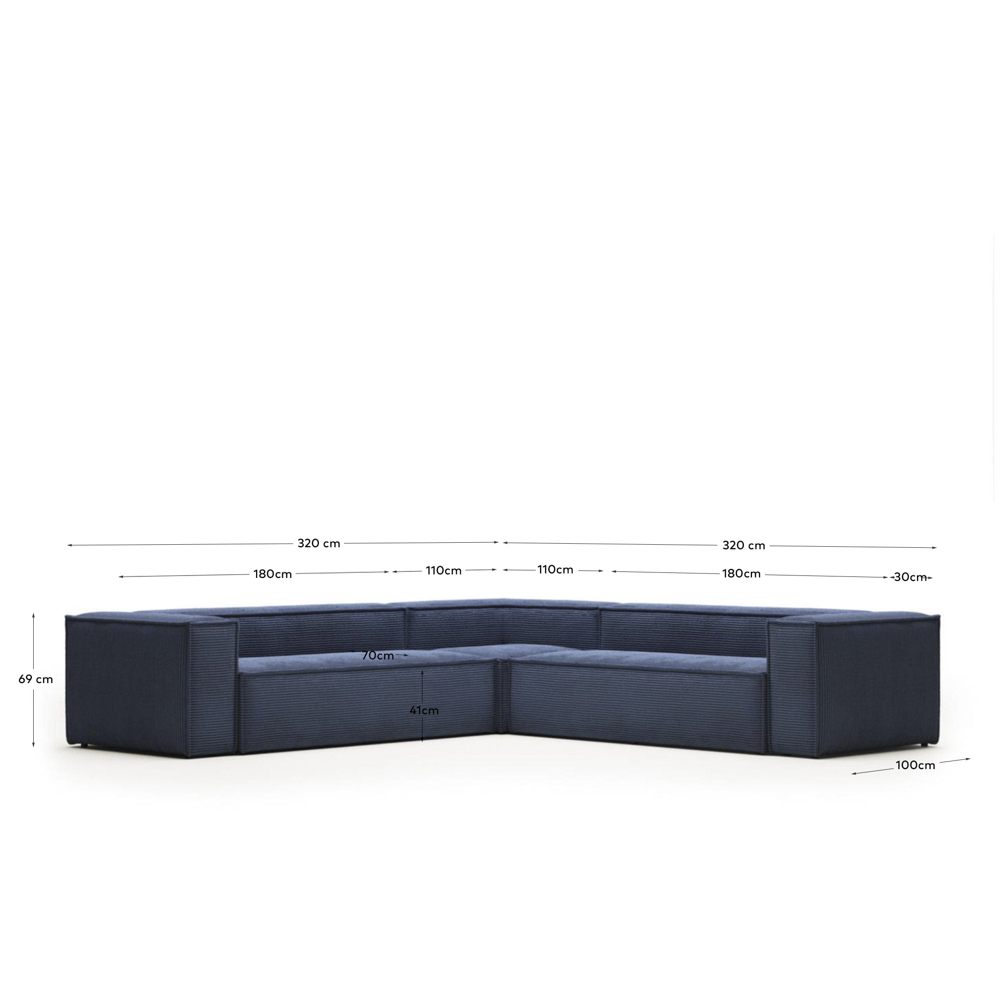 Blok 6-Sitzer-Ecksofa breiter Cord in Blau 320 x 320 FR in Blau präsentiert im Onlineshop von KAQTU Design AG. Ecksofa ist von Kave Home