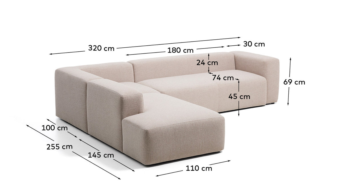 5-Sitzer-Ecksofa Blok mit Randmodul links in beiger Chenille, 255 x 320 cm, FSC Mix Credit in Beige präsentiert im Onlineshop von KAQTU Design AG. L-Sofa links ist von Kave Home