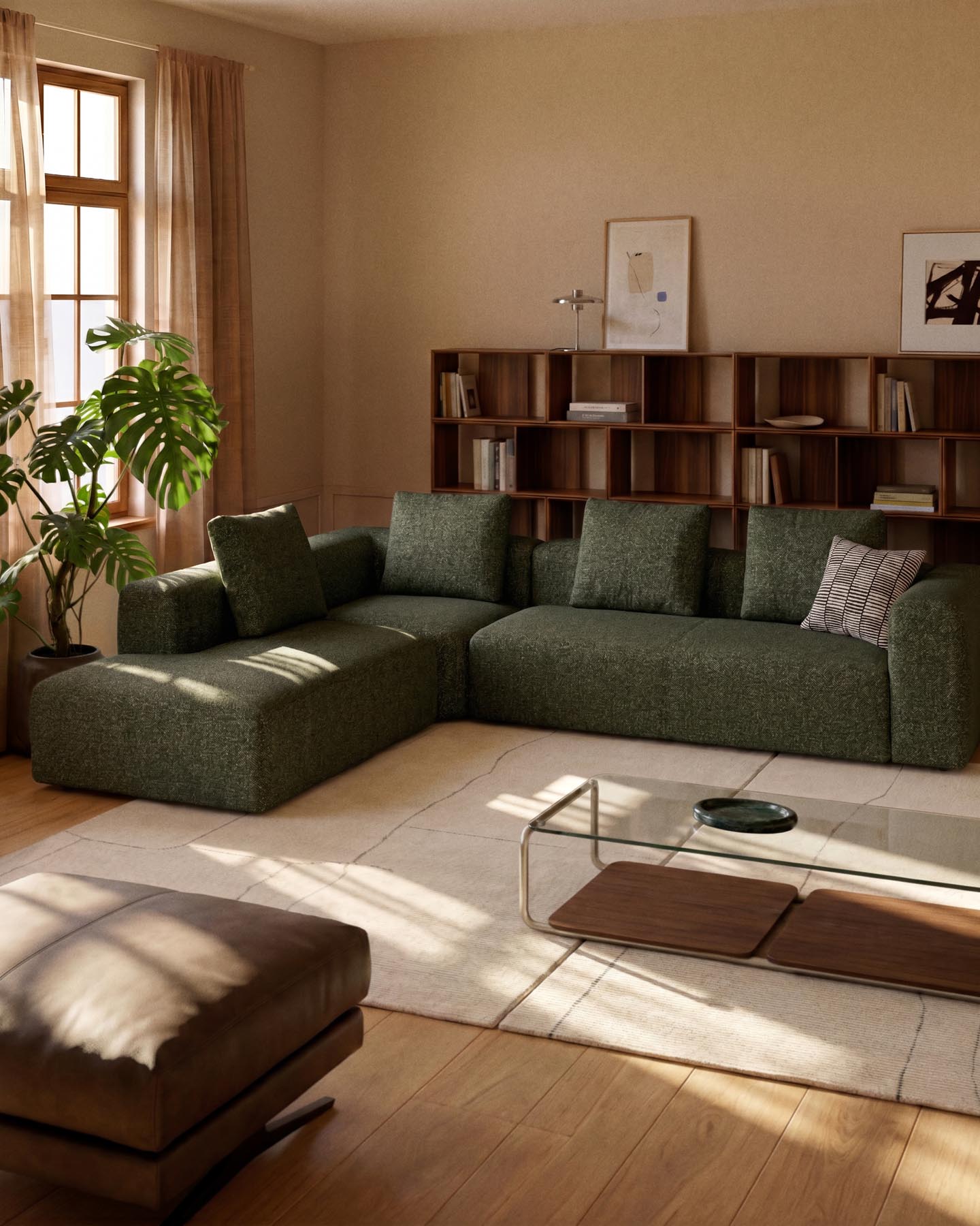 5-Sitzer-Ecksofa Blok mit Randmodul links in moosgrüner Chenille, 255 x 320 cm, FSC Mix Credit in Grün präsentiert im Onlineshop von KAQTU Design AG. L-Sofa links ist von Kave Home