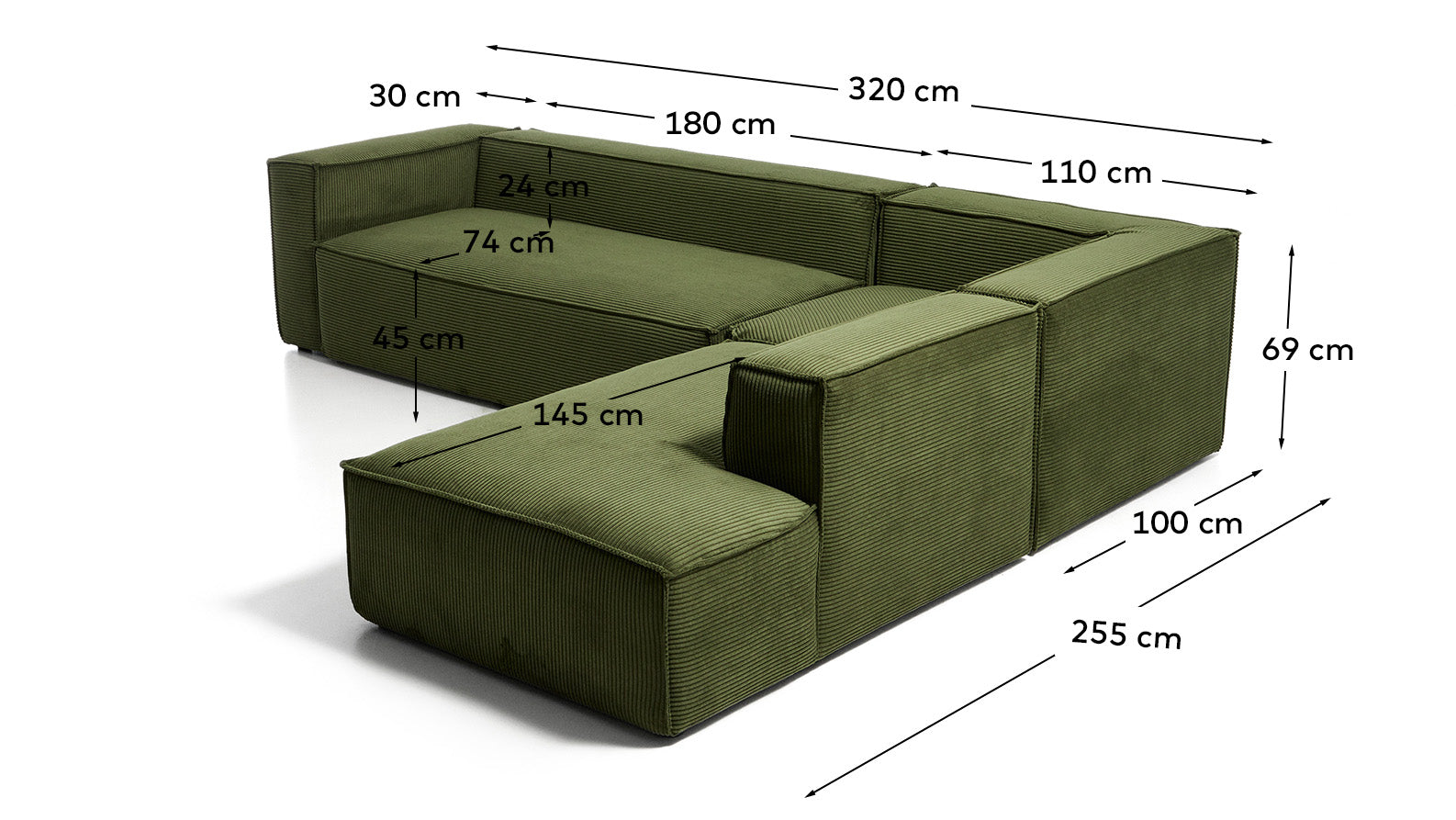 5-Sitzer-Ecksofa Blok mit Randmodul links in grobem grünem Cord, 320 x 255 cm, FSC Mix Credit in Grün präsentiert im Onlineshop von KAQTU Design AG. L-Sofa links ist von Kave Home