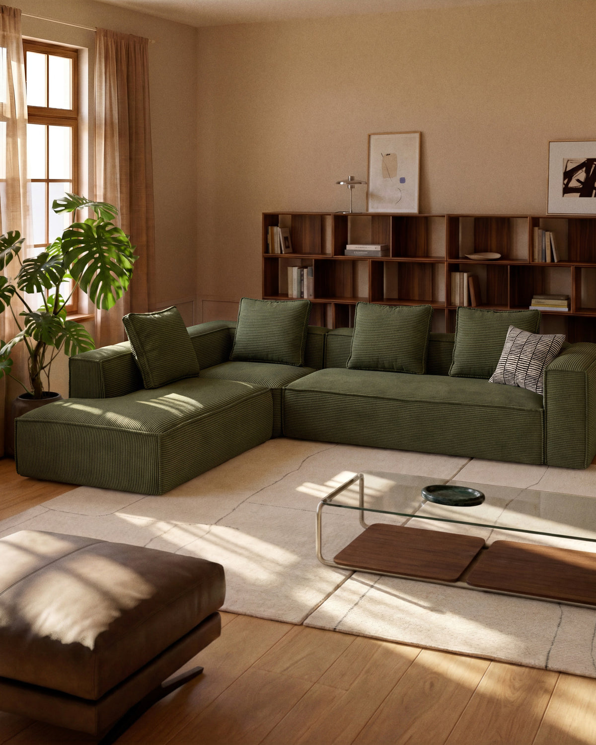 5-Sitzer-Ecksofa Blok mit Randmodul links in grobem grünem Cord, 320 x 255 cm, FSC Mix Credit in Grün präsentiert im Onlineshop von KAQTU Design AG. L-Sofa links ist von Kave Home