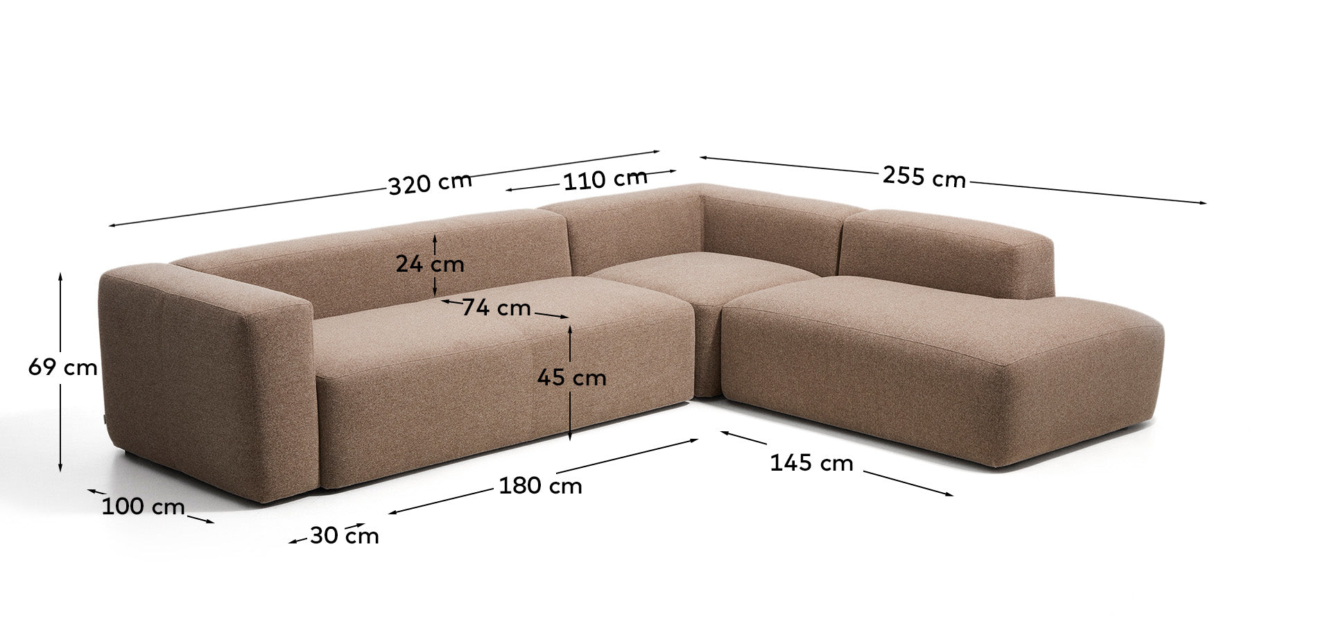 5-Sitzer-Ecksofa Blok mit Randmodul links in brauner Chenille, 320 x 255 cm, FSC Mix Credit in Taupe präsentiert im Onlineshop von KAQTU Design AG. L-Sofa links ist von Kave Home