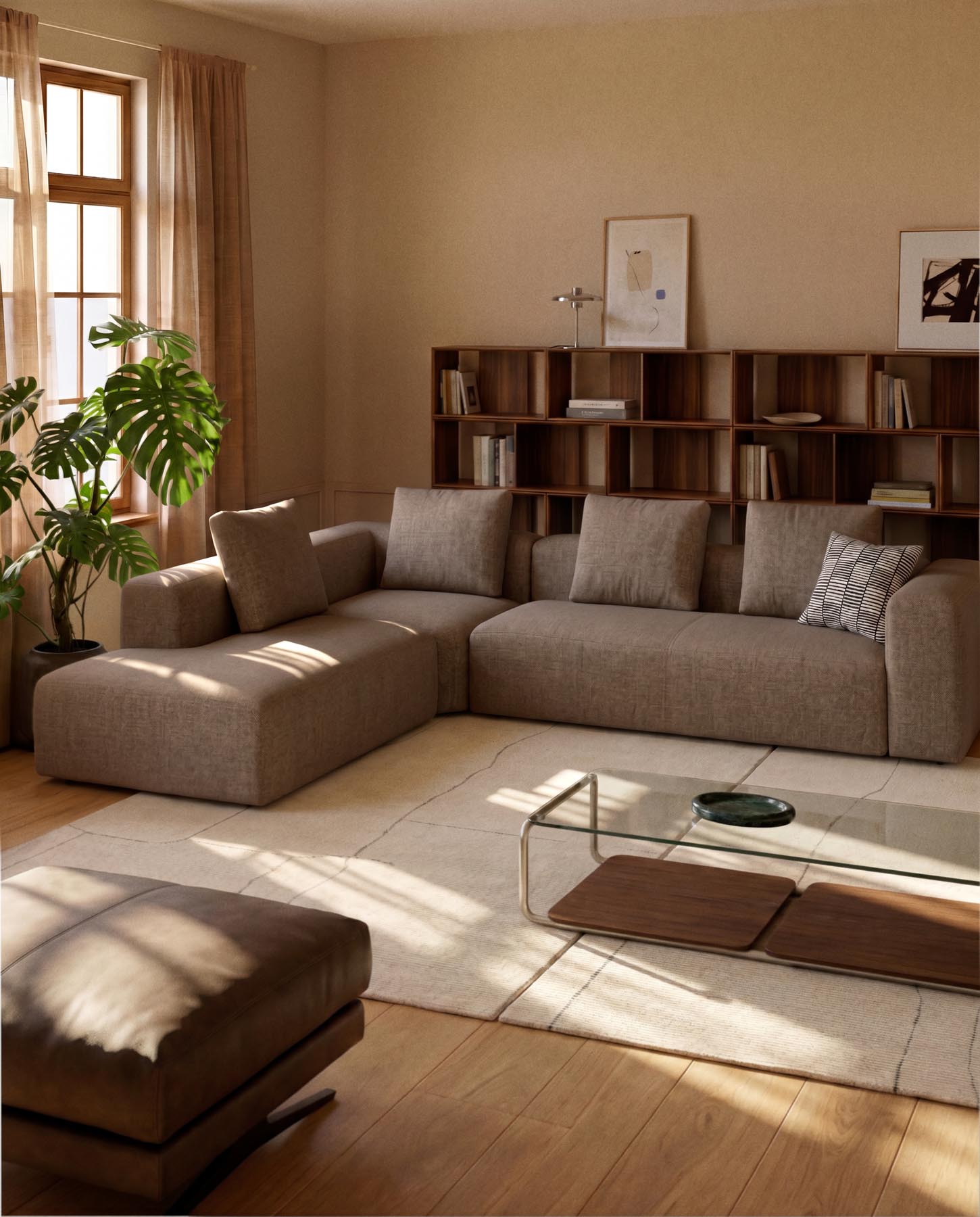 5-Sitzer-Ecksofa Blok mit Randmodul links in brauner Chenille, 320 x 255 cm, FSC Mix Credit in Taupe präsentiert im Onlineshop von KAQTU Design AG. L-Sofa links ist von Kave Home