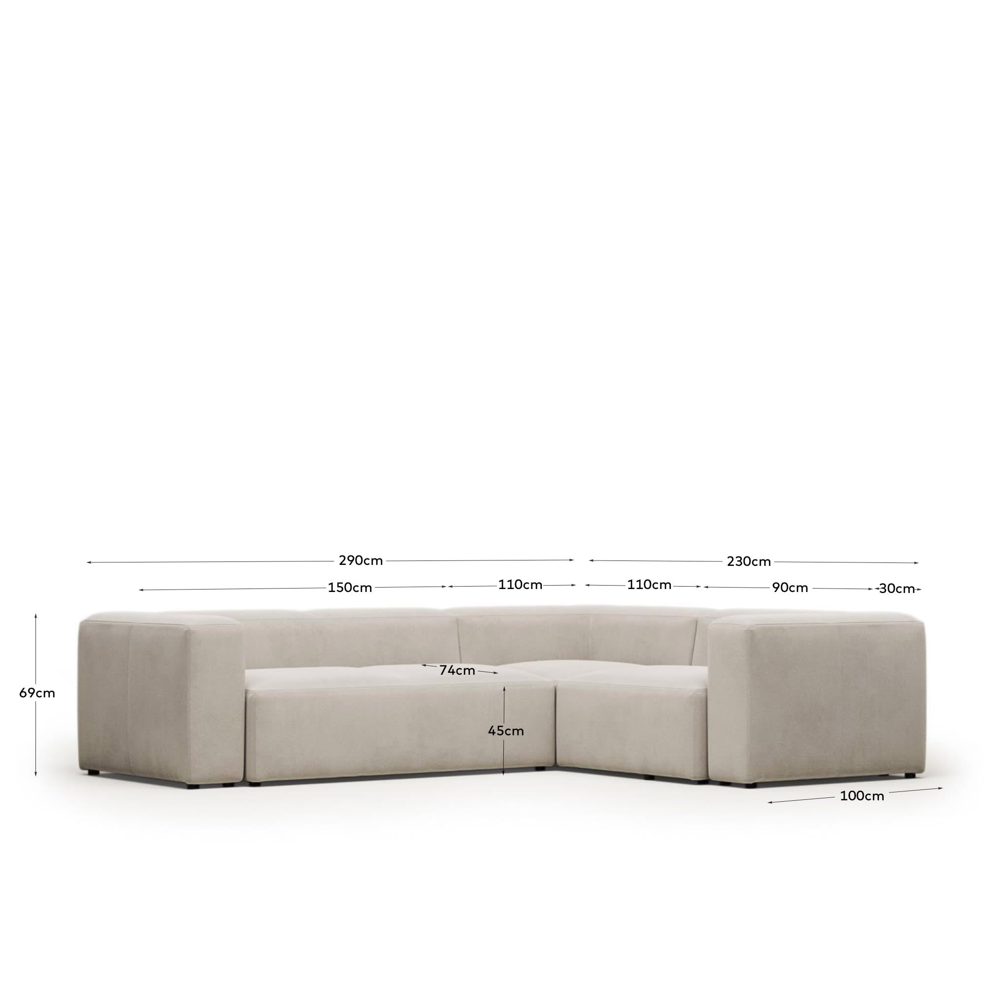 Elegantes 3-Sitzer Ecksofa Blok in Beige (290 x 230 cm) aus langlebigem Chenille, ideal für moderne Wohnzimmer und umweltbewusste Käufer.