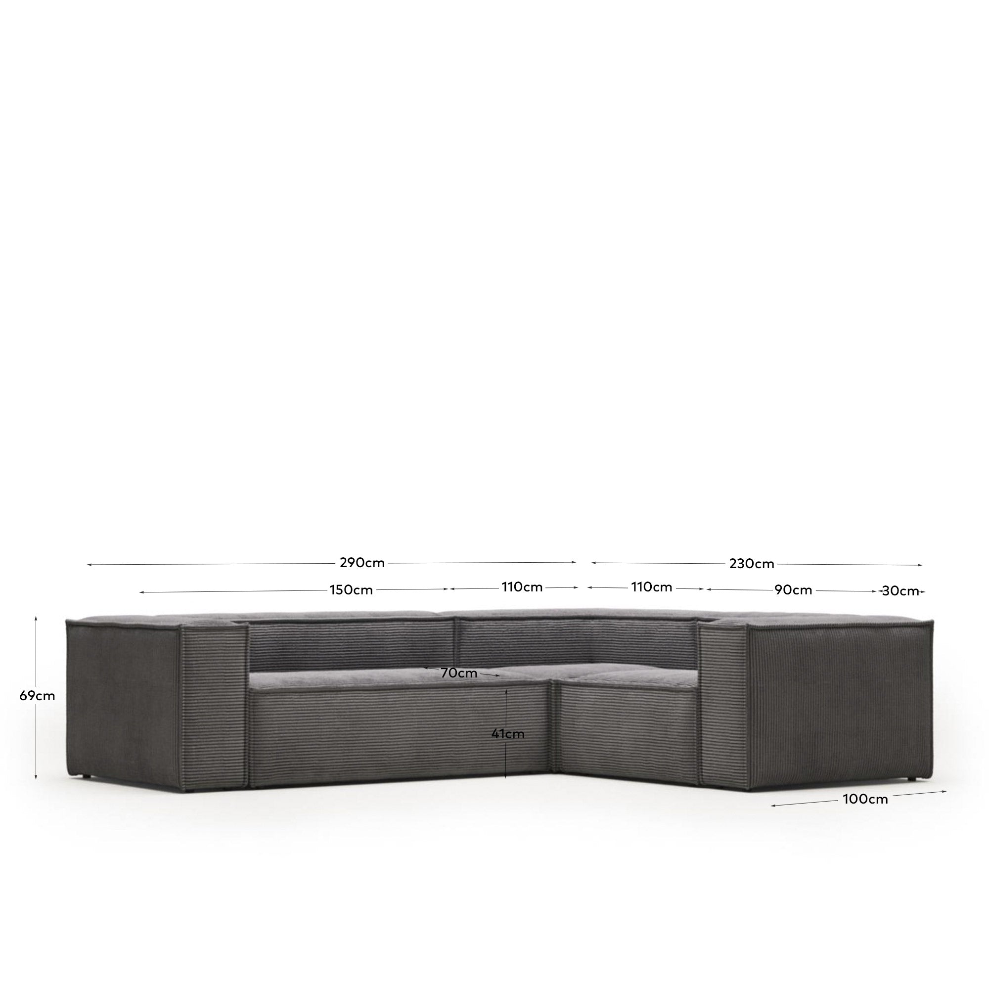 3-Sitzer-Ecksofa Blok, schwer entflammbar mit dickem, grauen Cord, 290 x 230 cm / 230 x 290 cm, FSC Mix Credit in Grau präsentiert im Onlineshop von KAQTU Design AG. Ecksofa ist von Kave Home