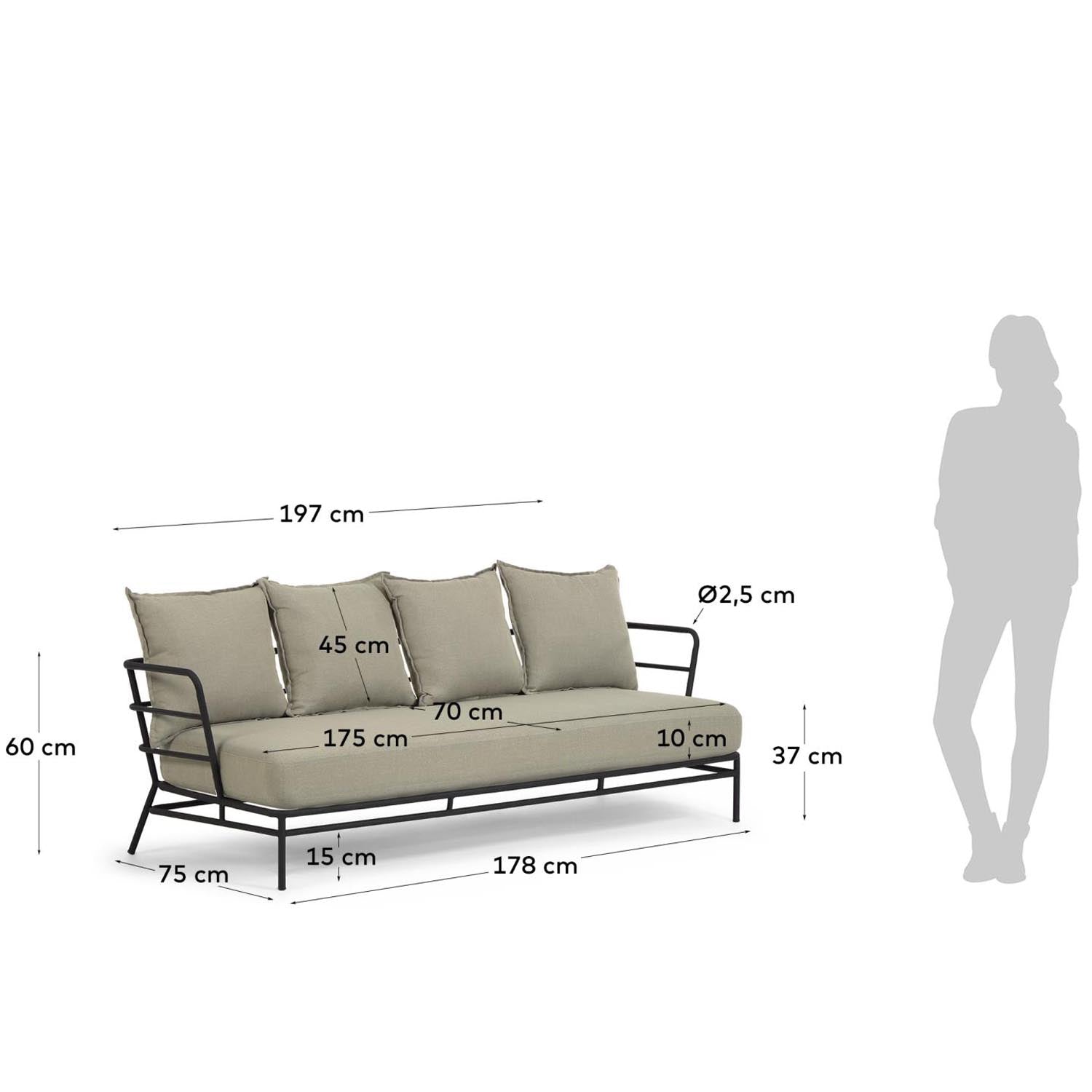 Stilvolles Mareluz 3-Sitzersofa aus robustem schwarzem Stahl, perfekt für entspannte Stunden drinnen und draußen. Ideal für jedes Zuhause.