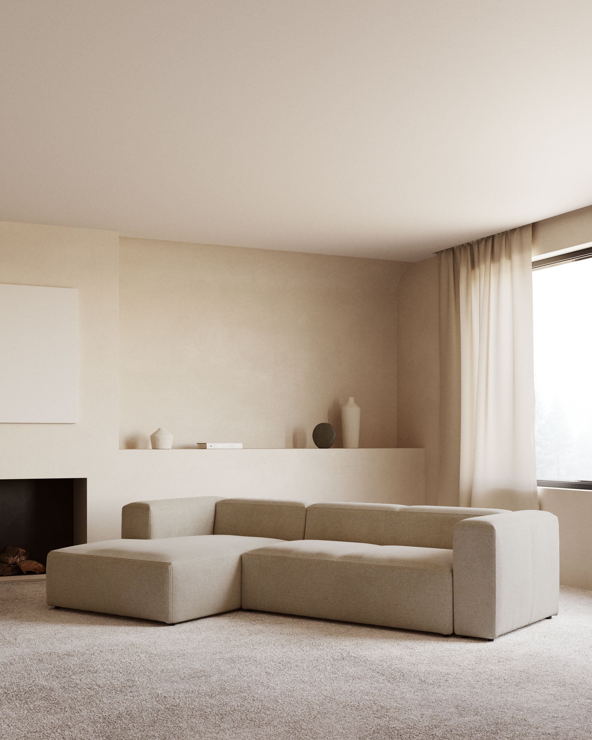 3-Sitzer-Sofa Blok mit Chaiselongue links, schwer entflammbar mit beiger Chenille, 300 cm in Beige präsentiert im Onlineshop von KAQTU Design AG. 3er Sofa ist von Kave Home