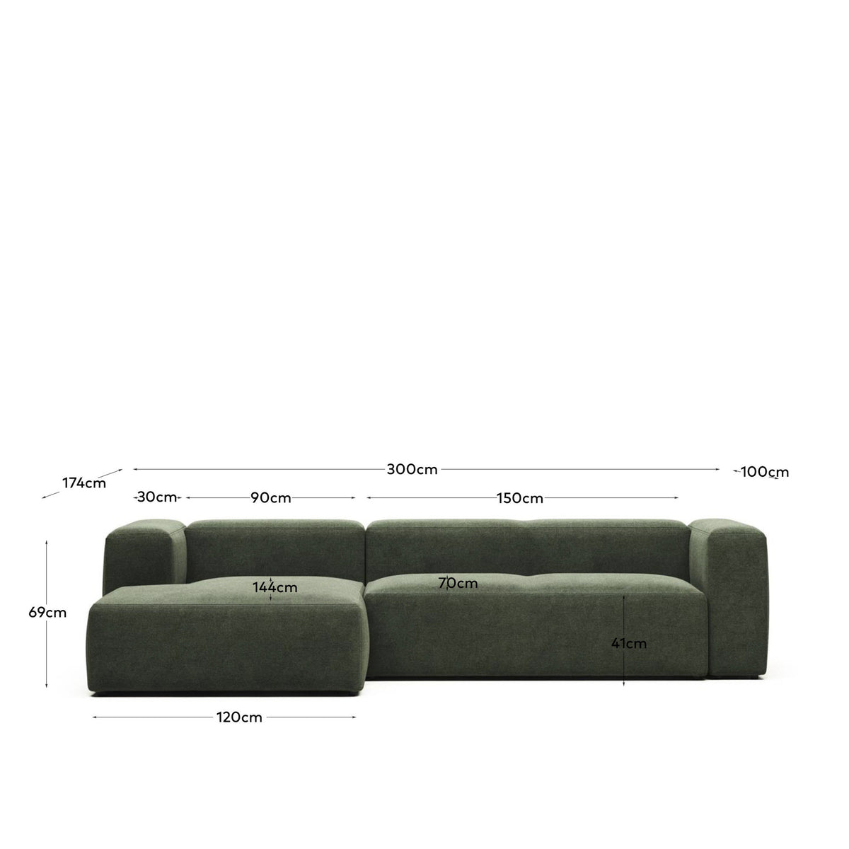 3-Sitzer-Sofa Blok mit Chaiselongue links, schwer entflammbar mit grüner Chenille, 300 cm in Grün präsentiert im Onlineshop von KAQTU Design AG. 3er Sofa ist von Kave Home