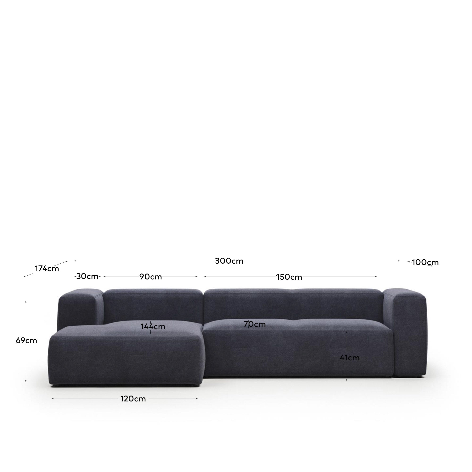3-Sitzer-Sofa Blok mit Chaiselongue links, schwer entflammbar mit blauer Chenille, 300 cm in Blau präsentiert im Onlineshop von KAQTU Design AG. 3er Sofa ist von Kave Home
