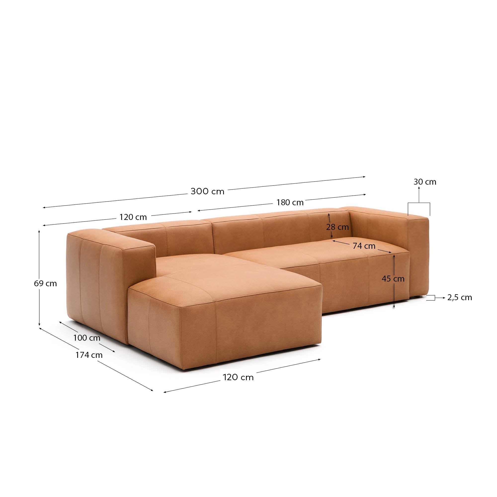 Sofa Blok aus braunem Leder 3-Sitzer Chaiselongue links 300 cm in Braun präsentiert im Onlineshop von KAQTU Design AG. 3er Sofa ist von Kave Home