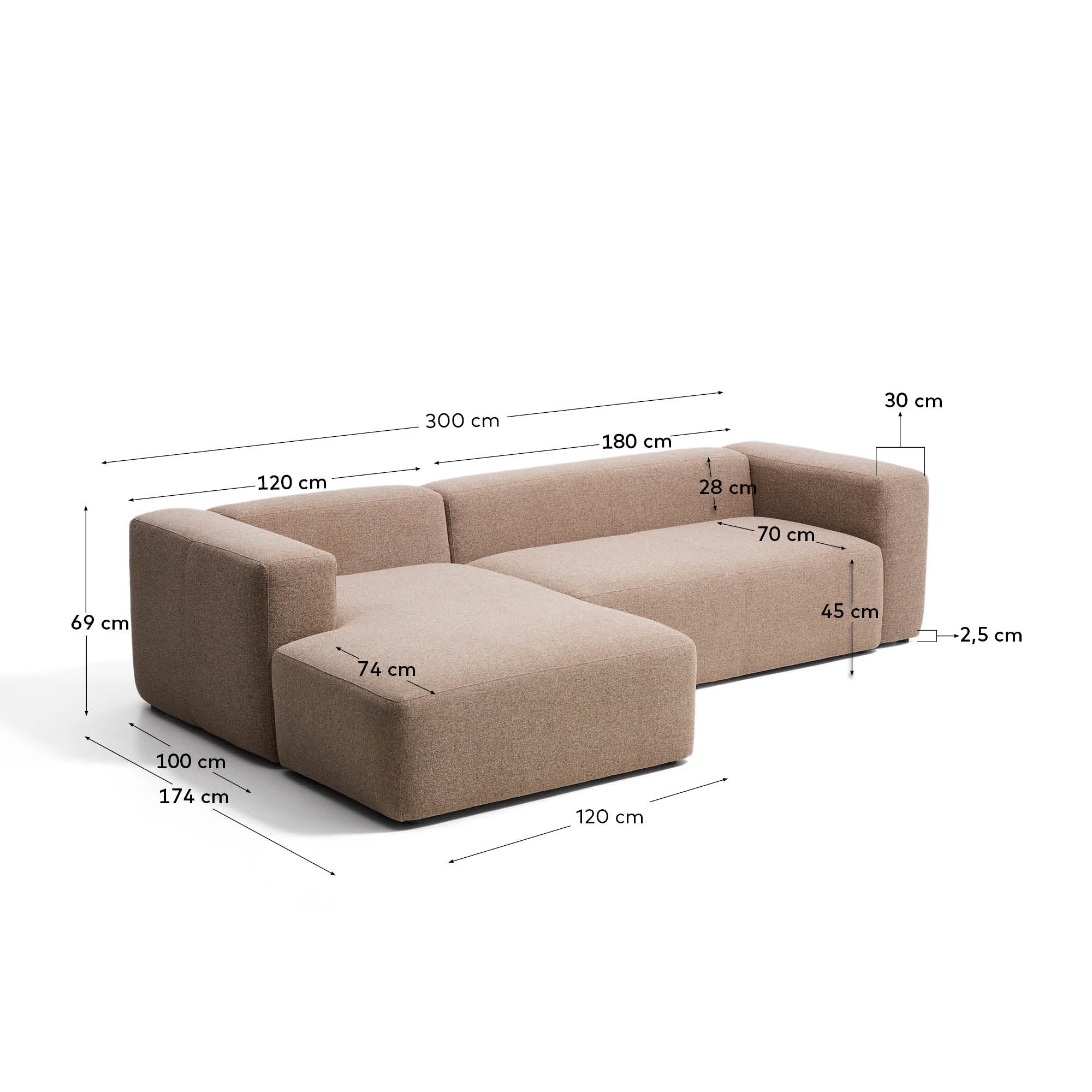 3-Sitzer-Sofa Blok mit Chaiselongue links in brauner Chenille, 300 cm, FSC Mix Credit in Taupe präsentiert im Onlineshop von KAQTU Design AG. L-Sofa links ist von Kave Home