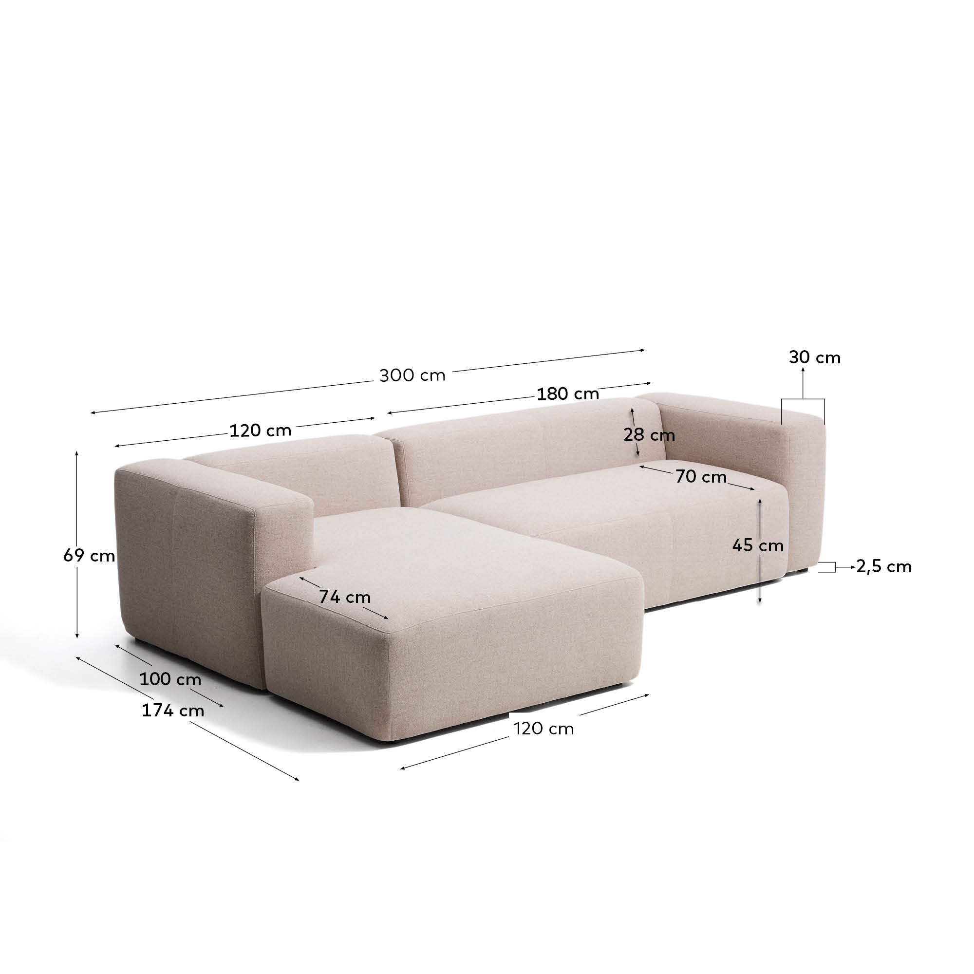 3-Sitzer-Sofa Blok mit Chaiselongue links in beiger Chenille, 300 cm, FSC Mix Credit in Beige präsentiert im Onlineshop von KAQTU Design AG. L-Sofa links ist von Kave Home