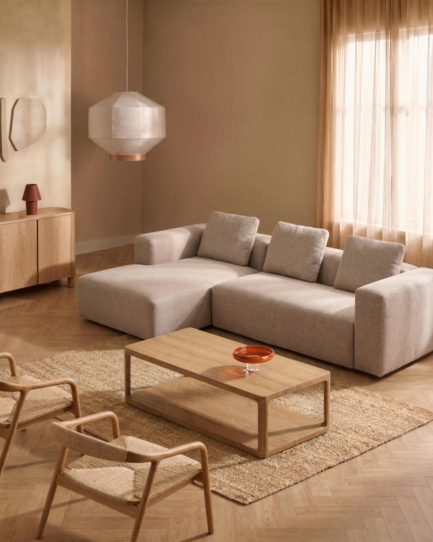 3-Sitzer-Sofa Blok mit Chaiselongue links in beiger Chenille, 300 cm, FSC Mix Credit in Beige präsentiert im Onlineshop von KAQTU Design AG. L-Sofa links ist von Kave Home
