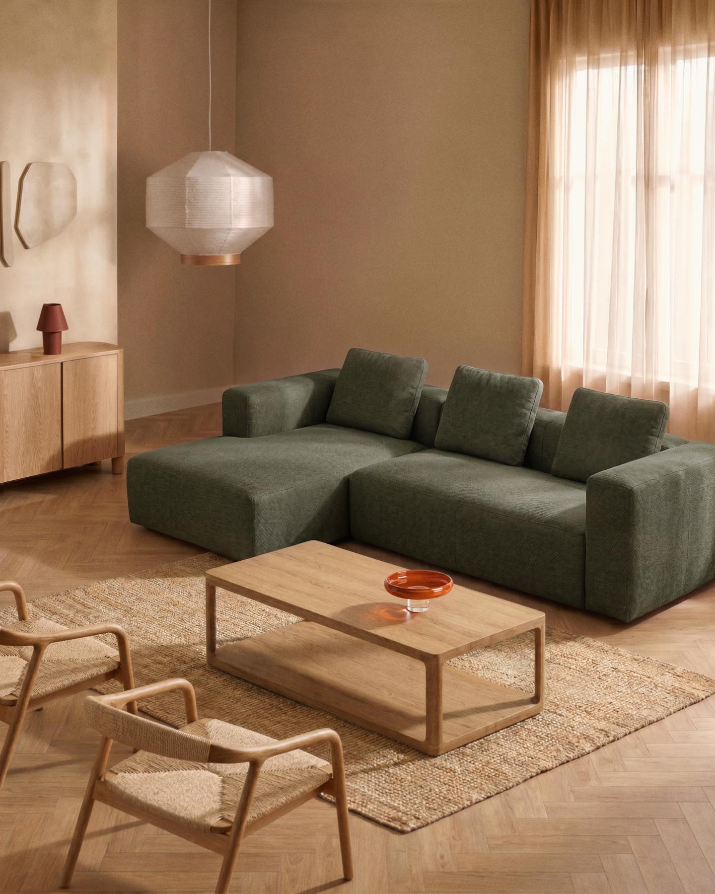 3-Sitzer-Sofa Blok mit Chaiselongue links in moosgrüner Chenille, 300 cm, FSC Mix Credit in Dunkelgrün präsentiert im Onlineshop von KAQTU Design AG. L-Sofa links ist von Kave Home