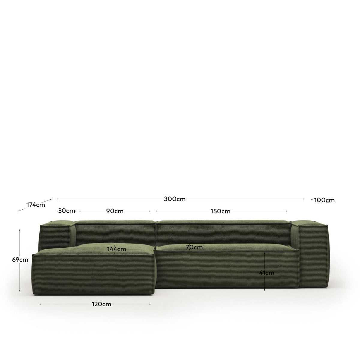 3-Sitzer-Sofa Blok mit Chaiselongue links, schwer entflammbar mit dickem, grünen Cord, 300 cm, FSC Mix Credit in Grün präsentiert im Onlineshop von KAQTU Design AG. 3er Sofa ist von Kave Home
