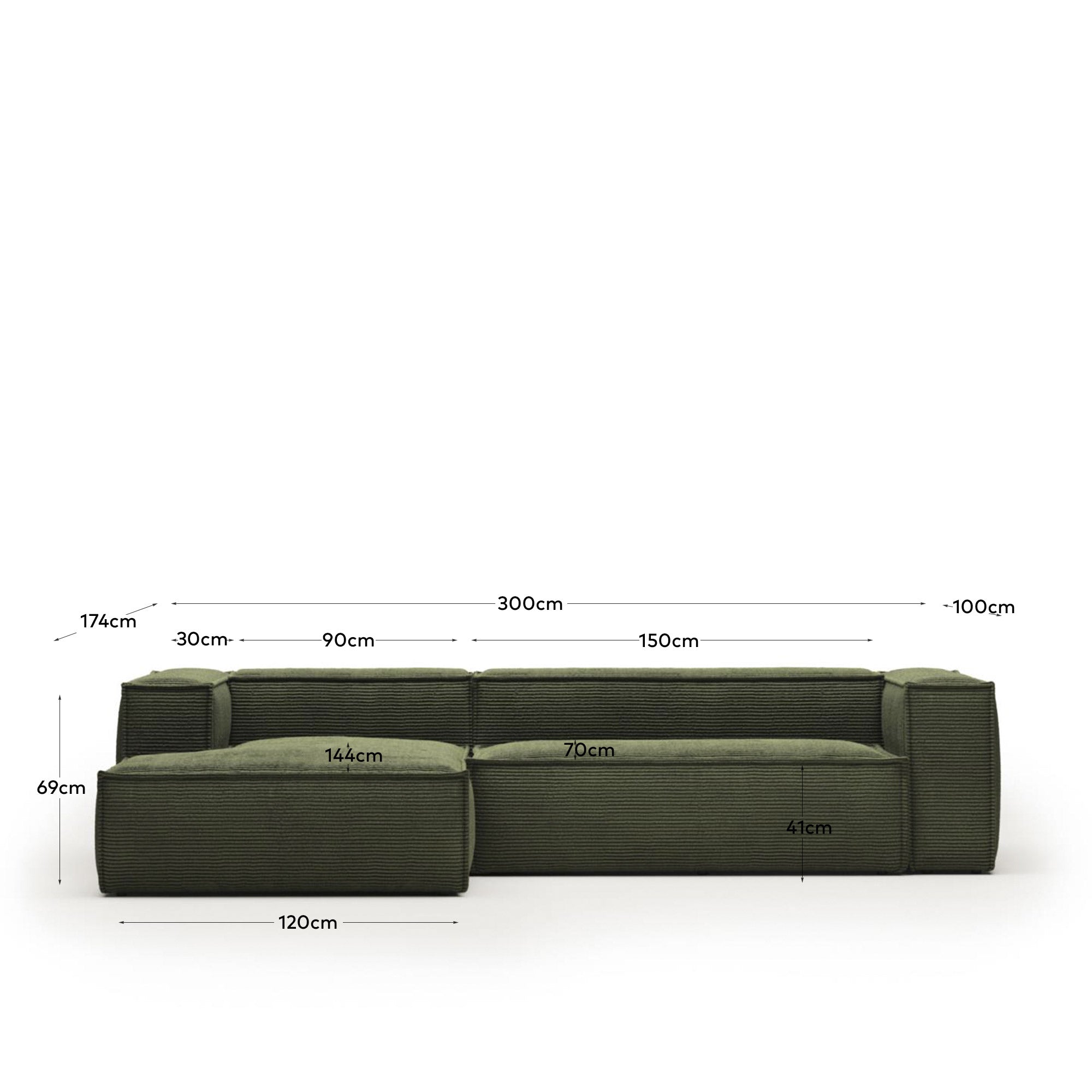 3-Sitzer-Sofa Blok mit Chaiselongue links, schwer entflammbar mit dickem, grünen Cord, 300 cm, FSC Mix Credit in Grün präsentiert im Onlineshop von KAQTU Design AG. 3er Sofa ist von Kave Home