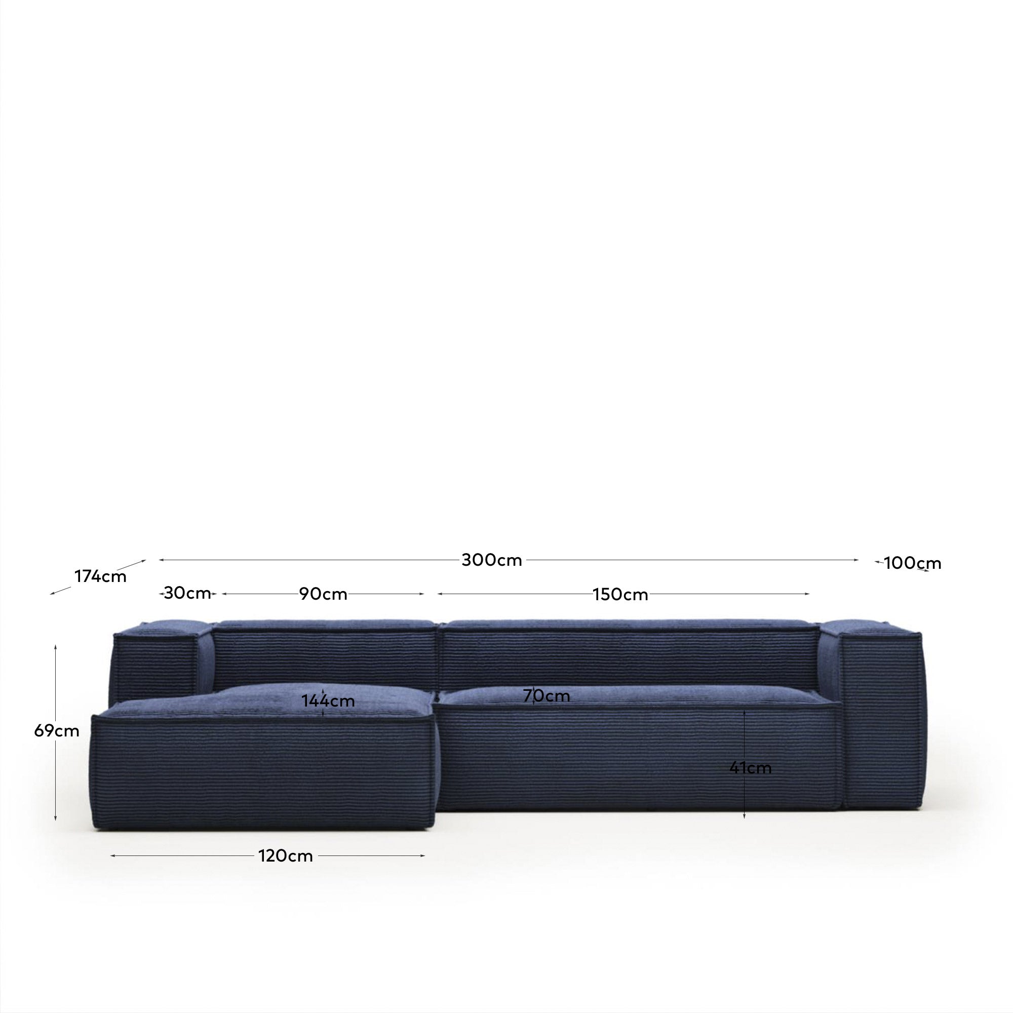 3-Sitzer-Sofa Blok mit Chaiselongue links, schwer entflammbar mit dickem, blauem Cord, 300 cm, FSC Mix Credit in Blau präsentiert im Onlineshop von KAQTU Design AG. 3er Sofa ist von Kave Home