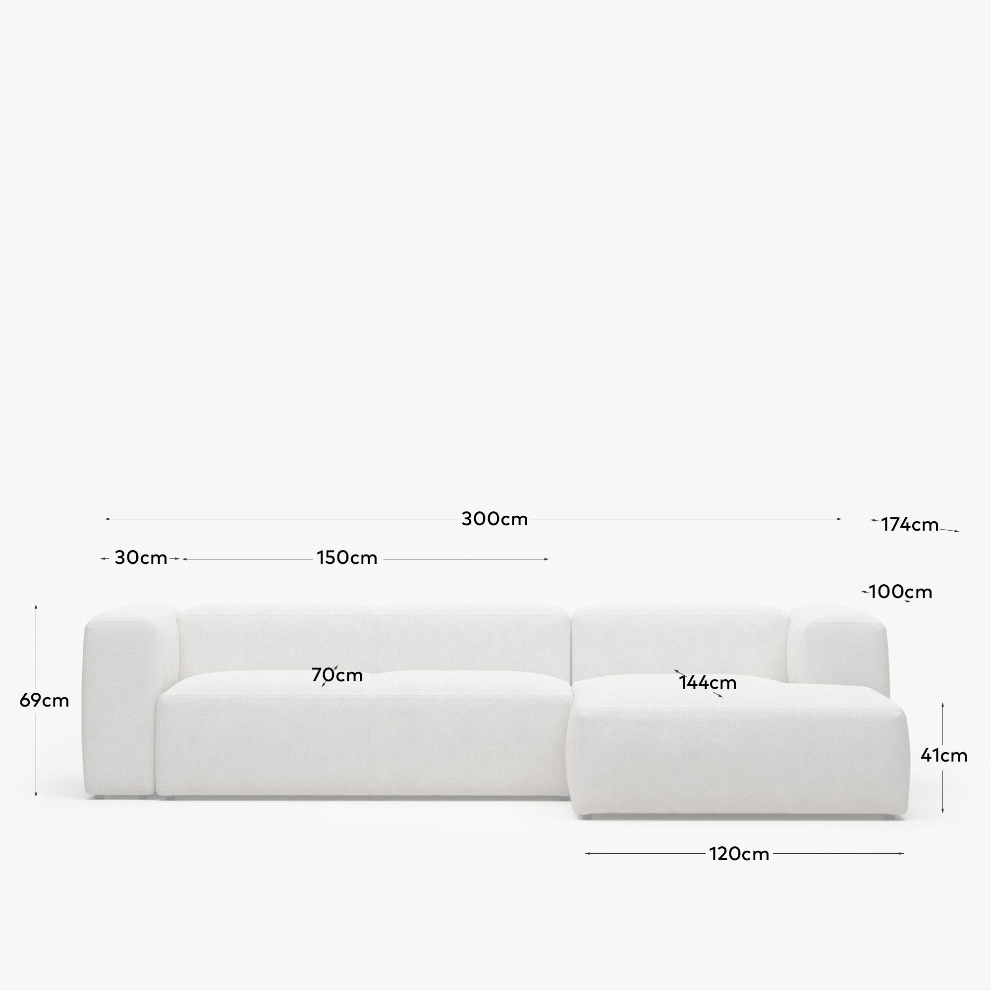 3-Sitzer-Sofa Blok mit Chaiselongue rechts, schwer entflammbar mit weissem Lammfellimitat, 300 cm, FSC Mix Credit in Grau präsentiert im Onlineshop von KAQTU Design AG. 3er Sofa ist von Kave Home