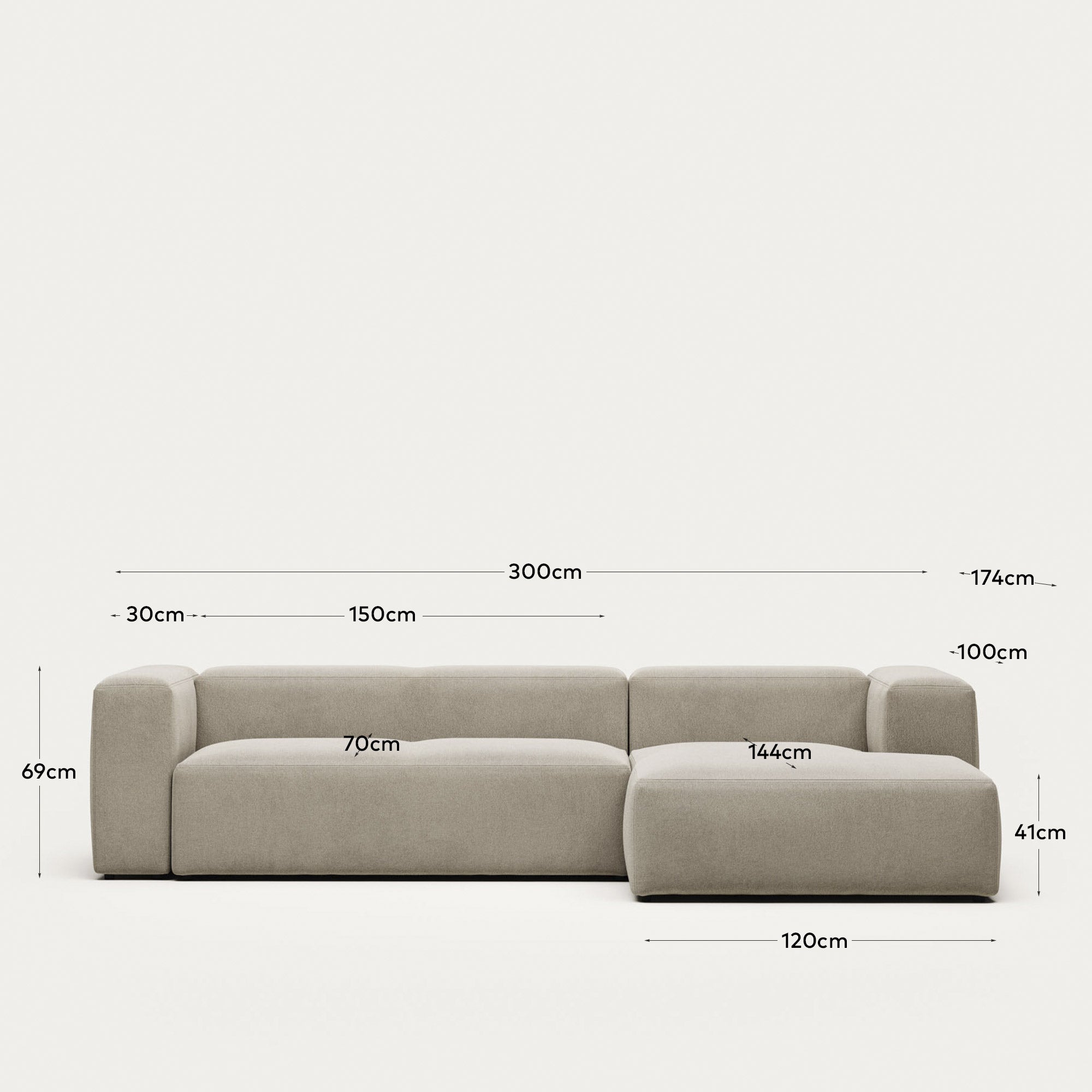3-Sitzer-Sofa Blok mit Chaiselongue rechts, schwer entflammbar mit beiger Chenille, 300 cm in Beige präsentiert im Onlineshop von KAQTU Design AG. 3er Sofa ist von Kave Home