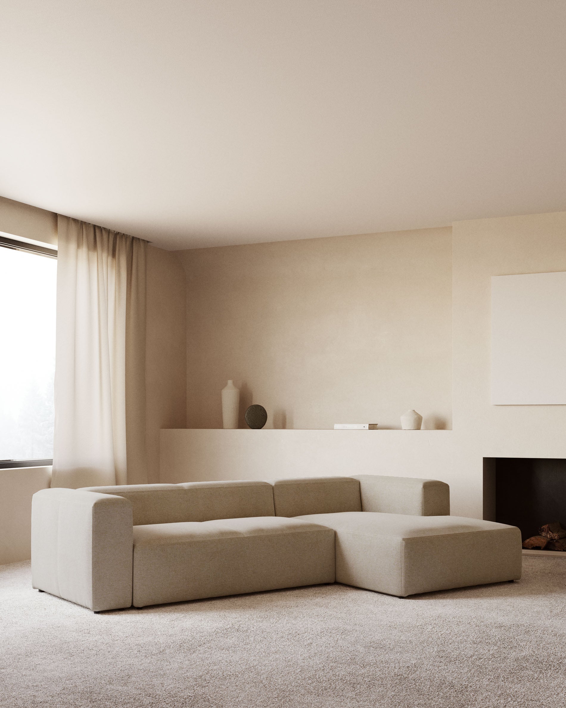 3-Sitzer-Sofa Blok mit Chaiselongue rechts, schwer entflammbar mit beiger Chenille, 300 cm in Beige präsentiert im Onlineshop von KAQTU Design AG. 3er Sofa ist von Kave Home