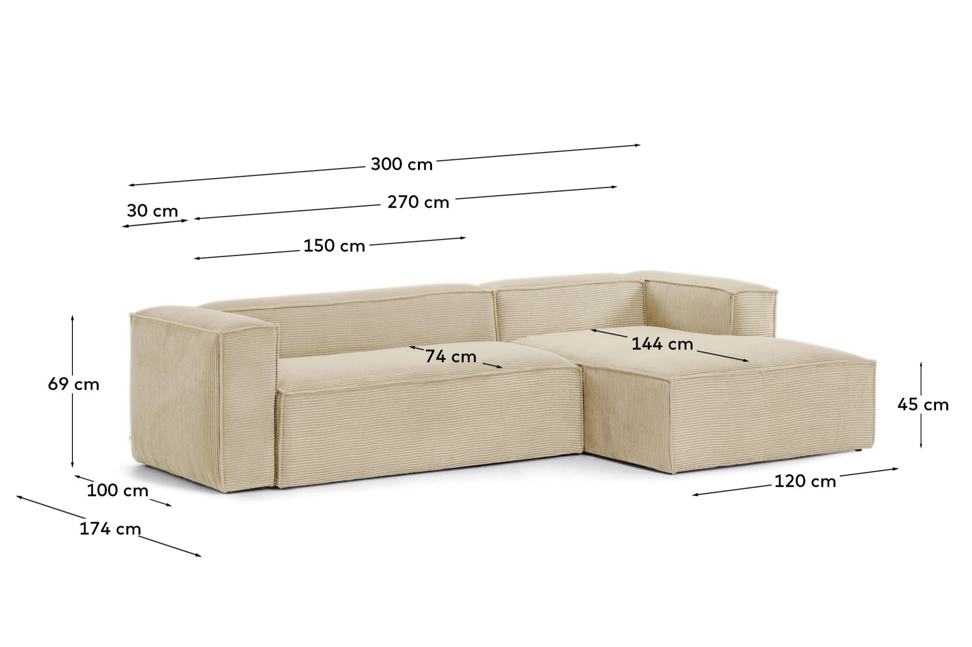 Elegantes 3-Sitzer-Sofa Blok in natürlichem Cord, ausgestattet mit einer komfortablen Chaiselongue rechts, ideal für gemütliche Abende.
