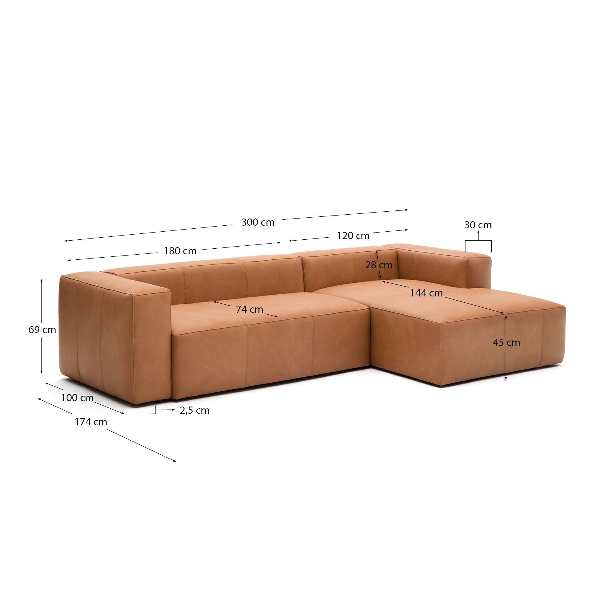 Sofa Blok aus braunem Leder 3-Sitzer Chaiselongue rechts 300 cm in Braun präsentiert im Onlineshop von KAQTU Design AG. 3er Sofa ist von Kave Home