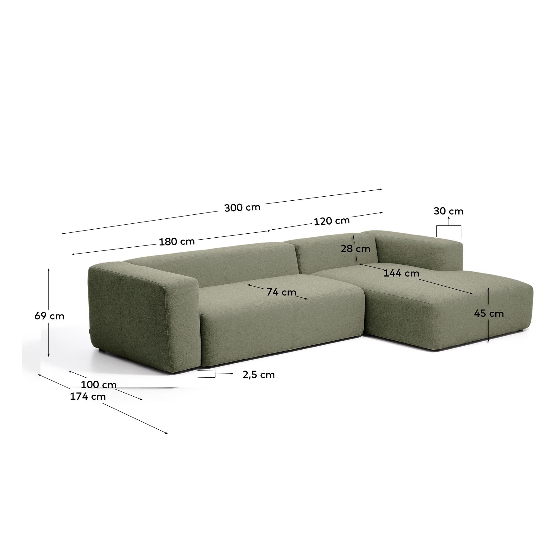 3-Sitzer-Sofa Blok mit Chaiselongue rechts in moosgrüner Chenille, 300 cm, FSC Mix Credit in Dunkelgrün präsentiert im Onlineshop von KAQTU Design AG. L-Sofa rechts ist von Kave Home