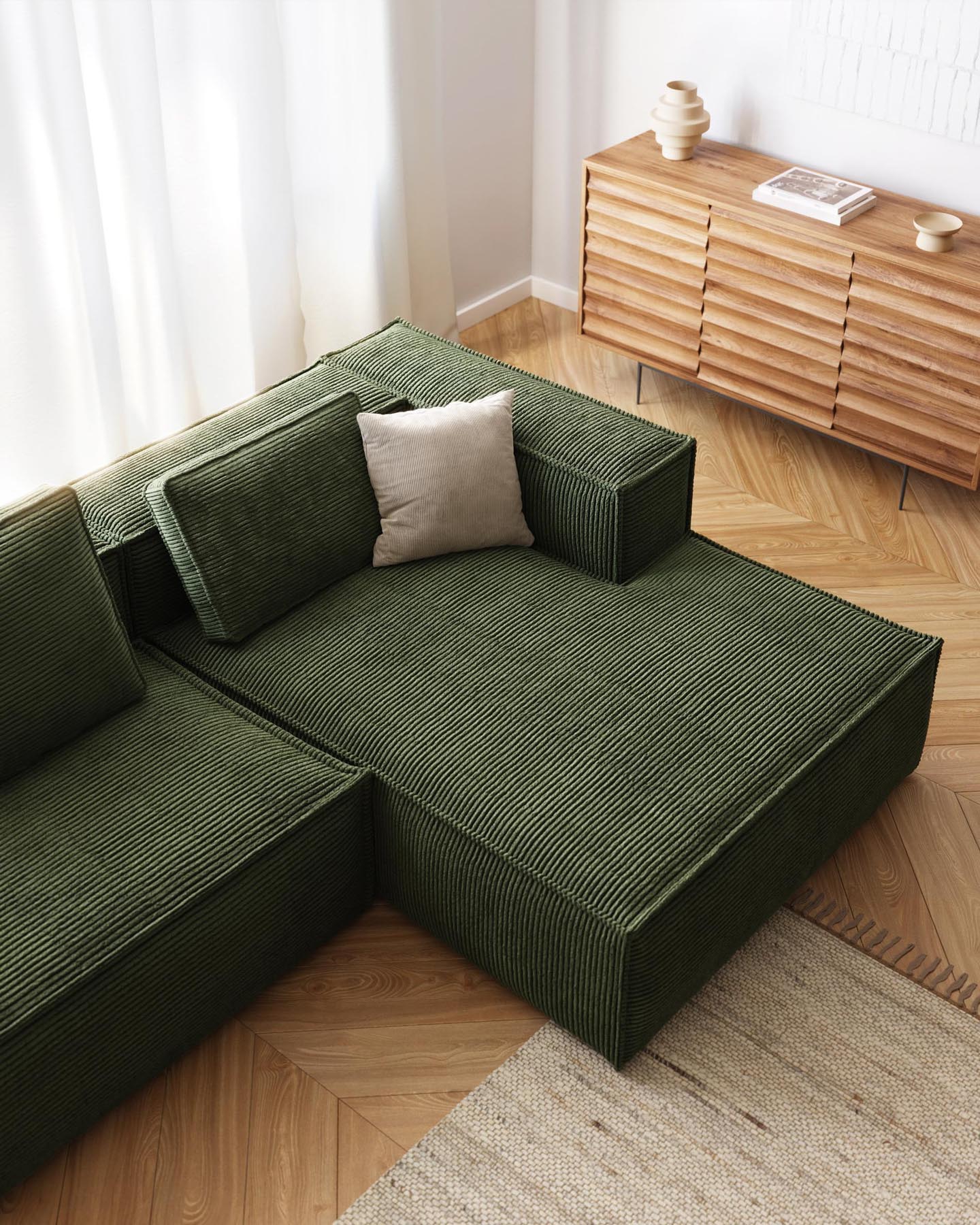 3-Sitzer-Sofa Blok mit Chaiselongue rechts, schwer entflammbar mit dickem, grünen Cord, 300 cm in Grün präsentiert im Onlineshop von KAQTU Design AG. 3er Sofa ist von Kave Home