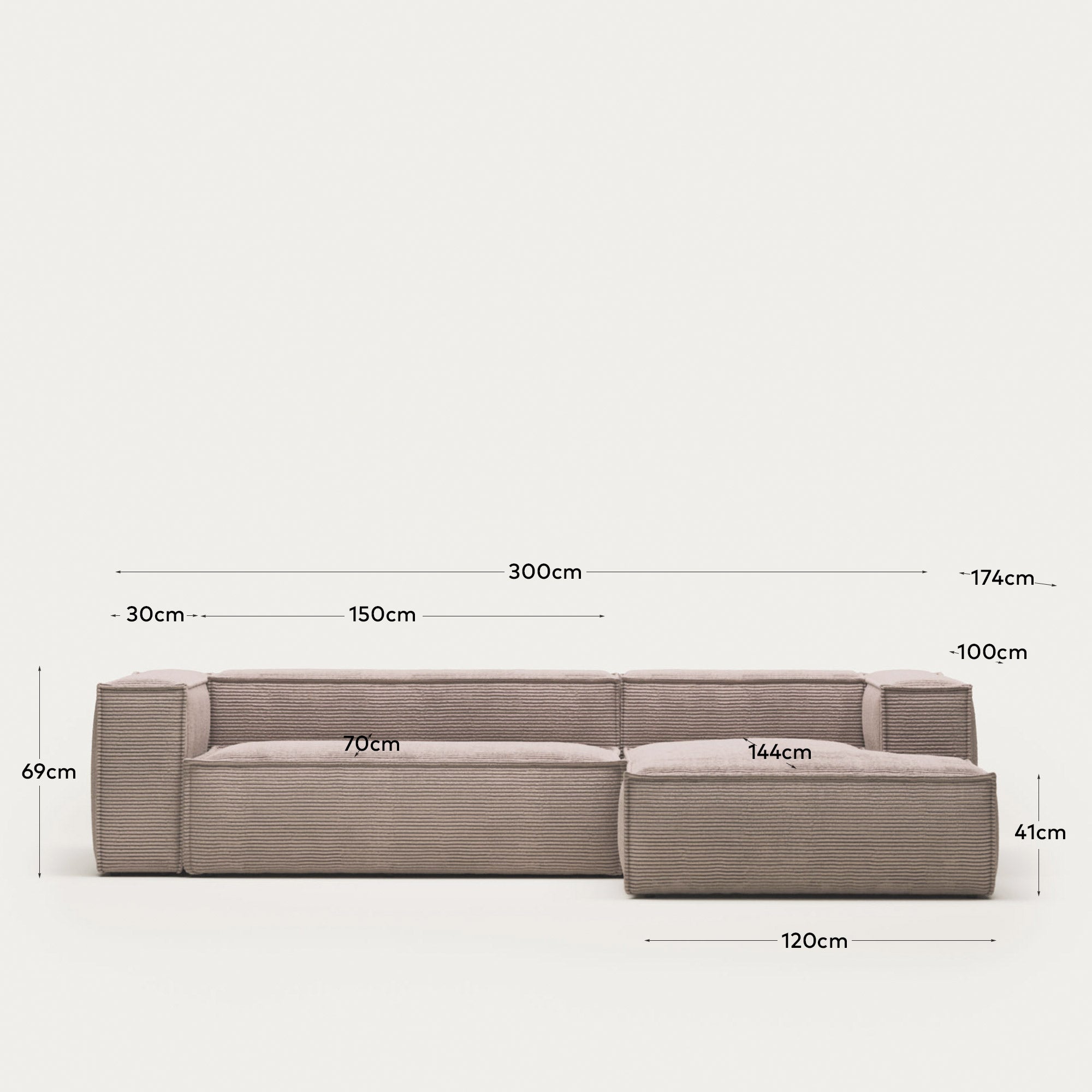 3-Sitzer-Sofa Blok mit Chaiselongue rechts, schwer entflammbar mit dickem, rosafarbenem Cord, 300 cm in Rosa präsentiert im Onlineshop von KAQTU Design AG. 3er Sofa ist von Kave Home