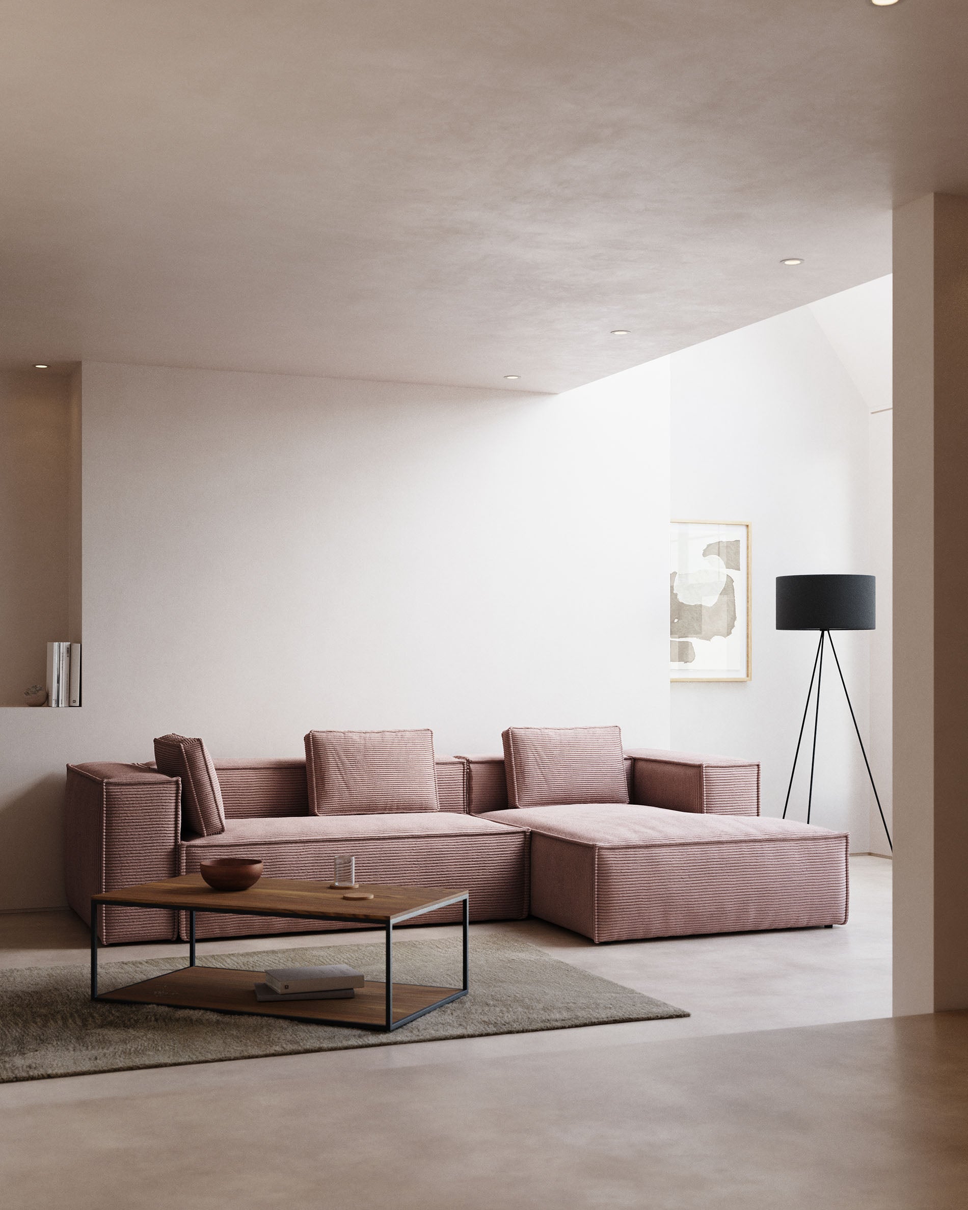 3-Sitzer-Sofa Blok mit Chaiselongue rechts, schwer entflammbar mit dickem, rosafarbenem Cord, 300 cm in Rosa präsentiert im Onlineshop von KAQTU Design AG. 3er Sofa ist von Kave Home