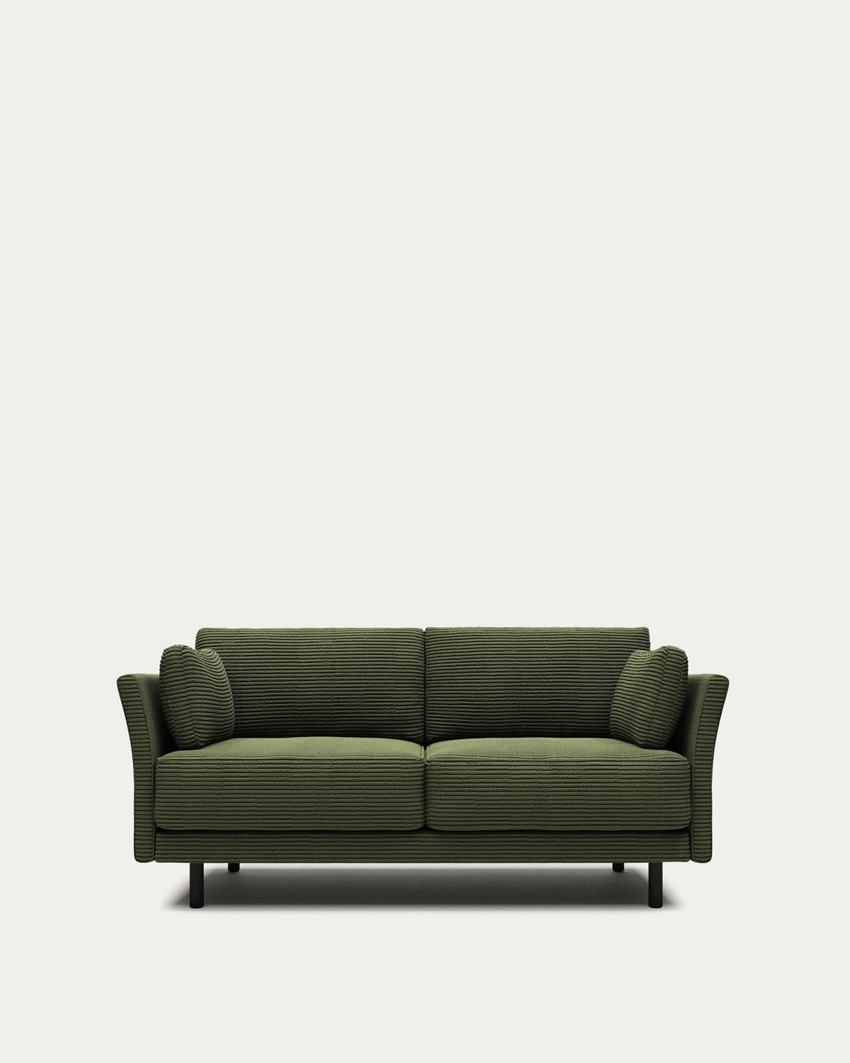 2-Sitzer-Sofa Gilma, schwer entflammbar mit dickem, grünem Cord und Beinen mit schwarzem F