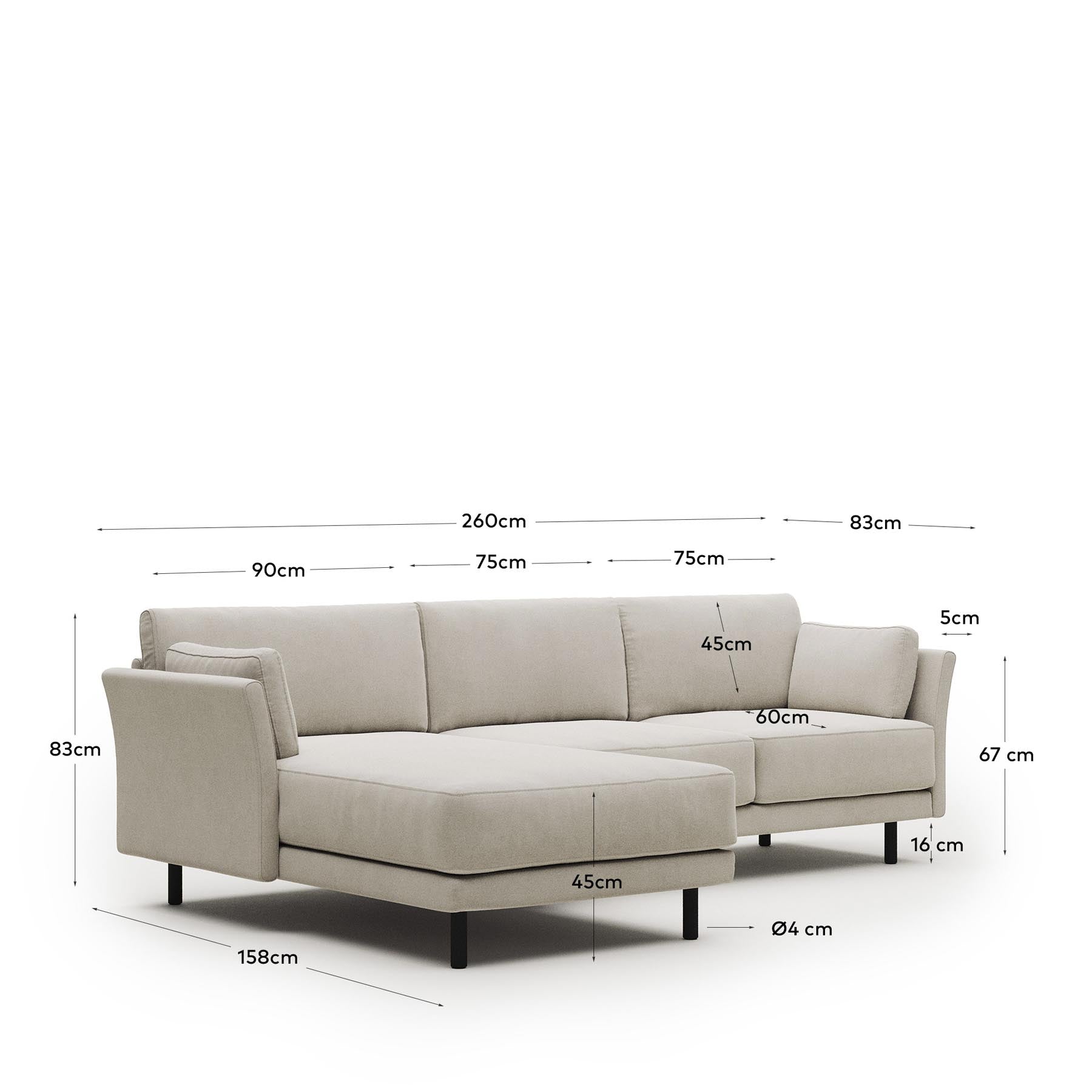 3-Sitzer-Sofa Gilma mit Chaiselongue rechts/links, schwer entflammbar mit beiger Chenille und Beinen mit schwarzem Finish, 260 cm in Beige präsentiert im Onlineshop von KAQTU Design AG. 3er Sofa ist von Kave Home